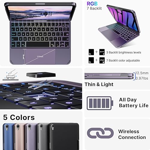 Miniatura 24 de Funda giratoria con teclado para Apple iPad mini 7ª generación 2024 (A17 Pro)/iPad mini 6ª generación (8.3 pulgadas) 2021; teclado compacto