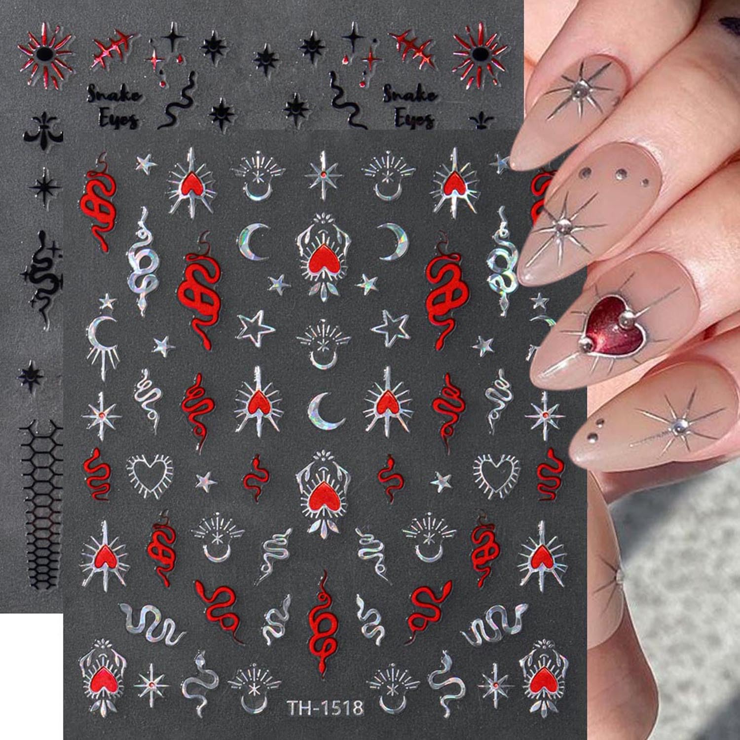 Snake Nail Stickers - 3D Bronzing Red Love Snake Laser Silver Black Snake Cartoon Star Moon Eye Heart Nail Design Shiny Cross Starlight Nail Stickers