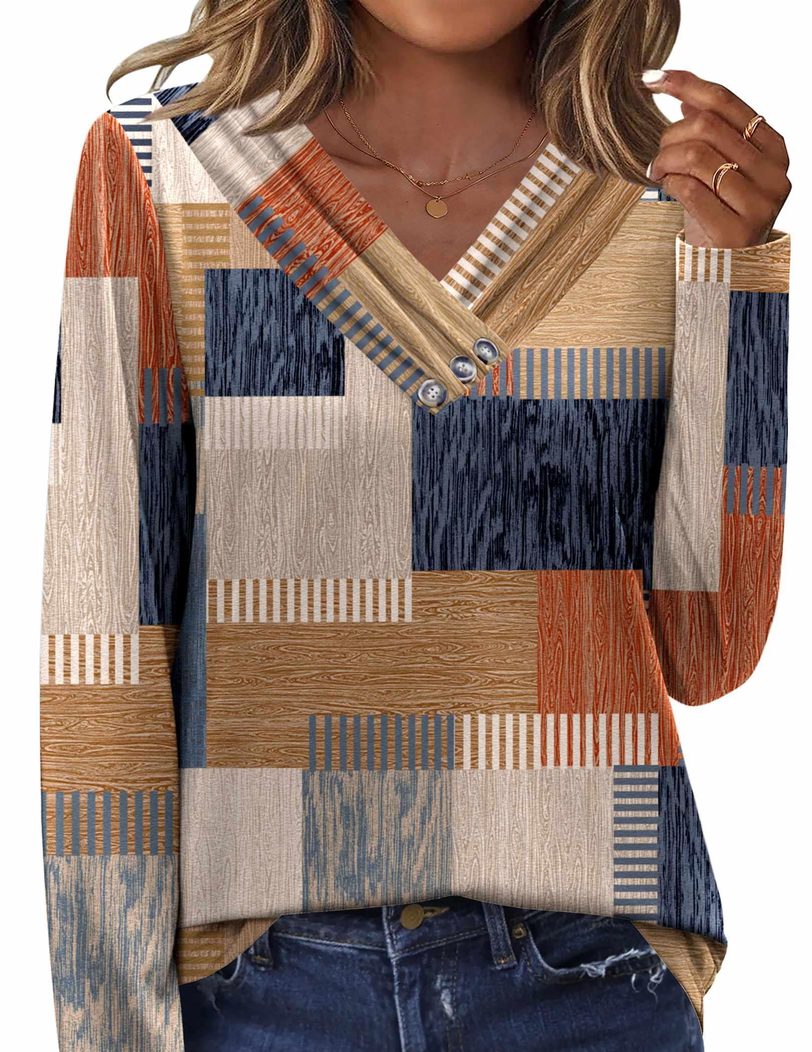 HOTOUCH Womens Fall Tunics Long Sleeve Tops Cross V Neck Shirts Loose Casual Blouses with Decor Button