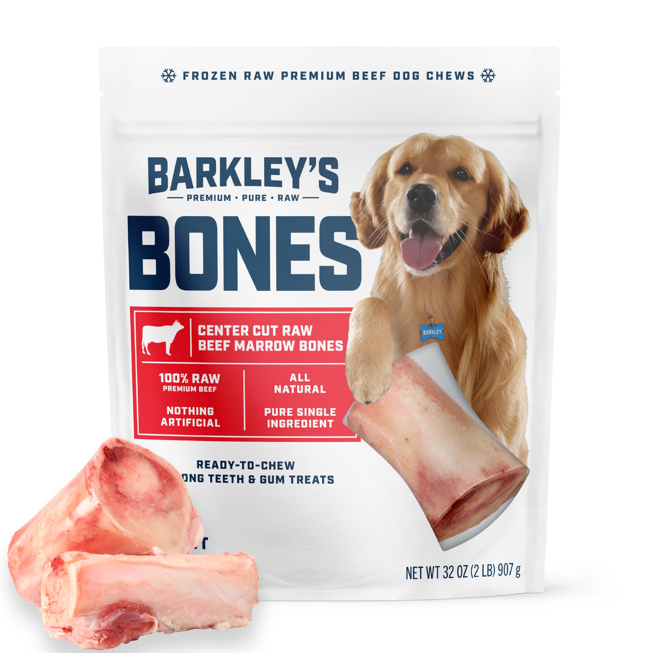 Barkley's Bag Beef Marrow Bones, Frozen Dog Treats, Single Ingredient Center Cut Beef Bone, Raw Natural Chew for Dogs, Keep Frozen, Pure Bold Taste, 4