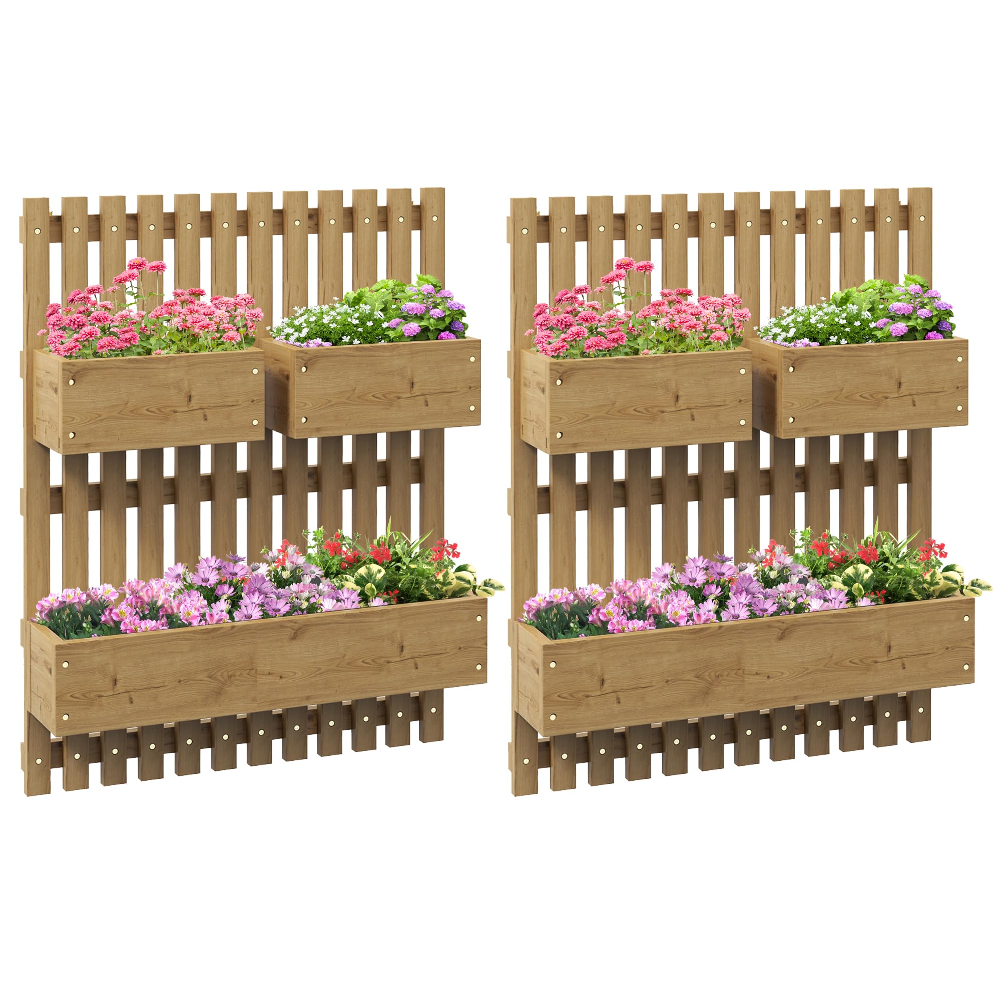 Outsunny Set of 2 Wall-mounted Wooden Garden Planters with Trellis, Drainage Holes and Movable Planter Boxes, Wall Raised Garden Bed for Patio, Carbonised
