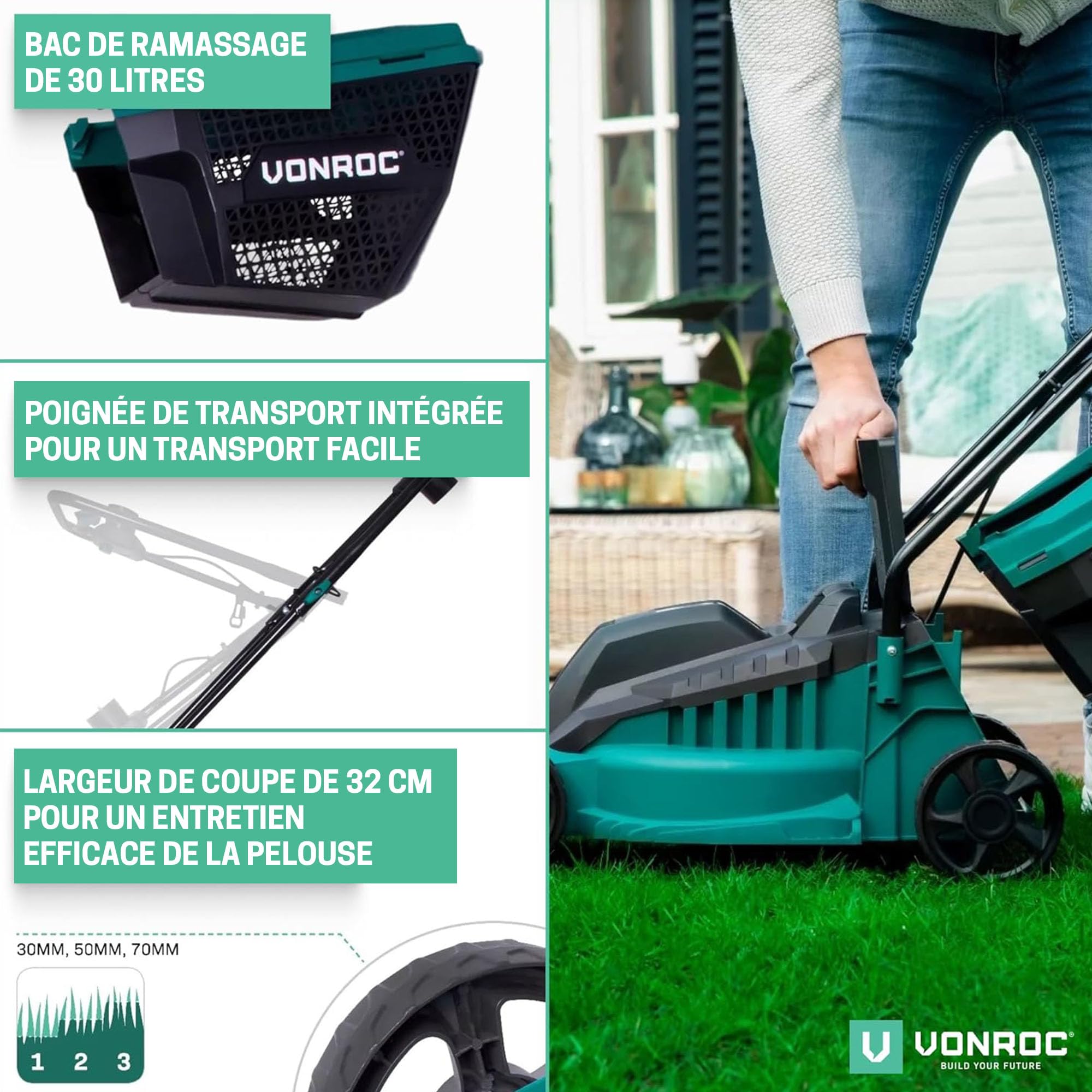 VONROC Tondeuse Gazon 1300W - Largeur de Coupe 32cm - Bac Ramassage Tondeuse 30L Inclus - Entretien du Jardin, de la Pelouse - Interrupteur de Sécurité, Facile à Transporter - Serre-Câble Fournis