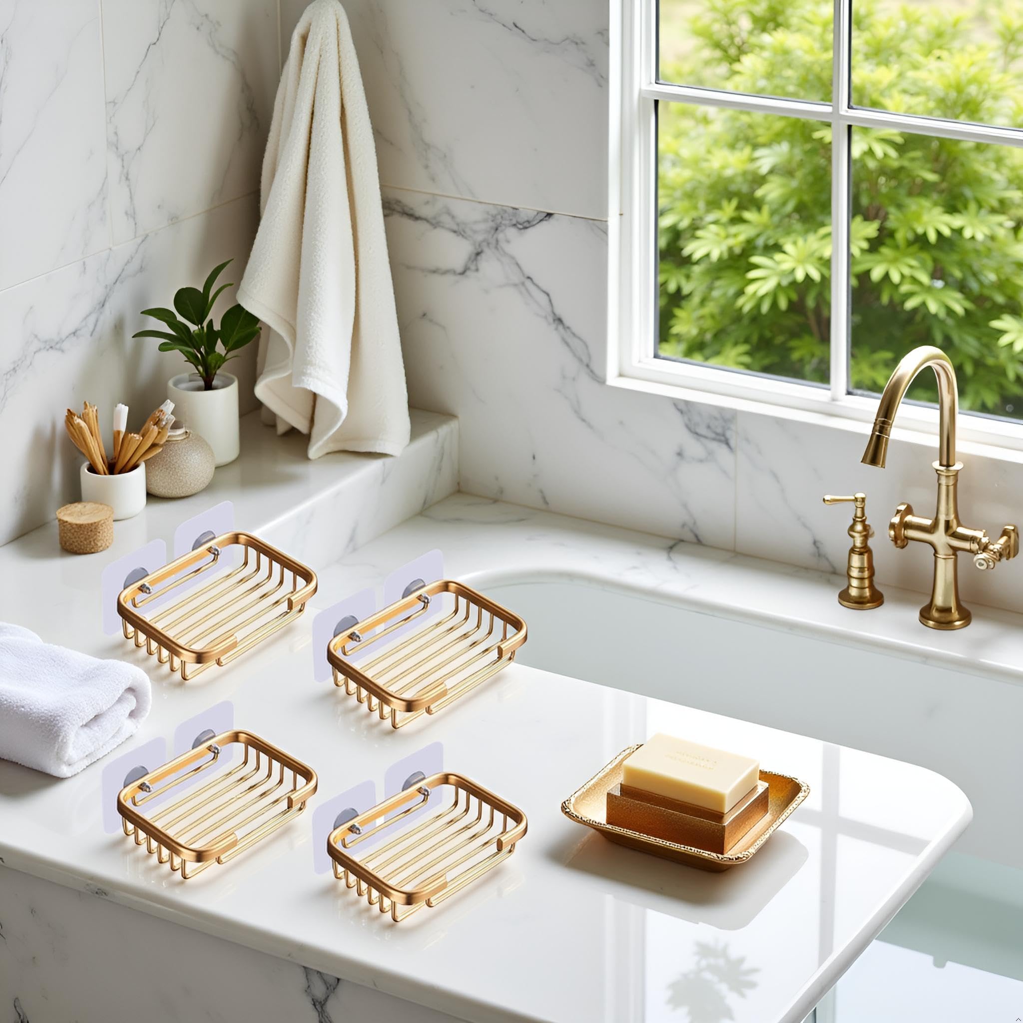 4 jaboneras doradas para ducha, estante de drenaje colgante creativo, soporte autoadhesivo para jabonera, estante de almacenamiento de jabonera, sin daños, para colgar en el baño, jaboneras 8