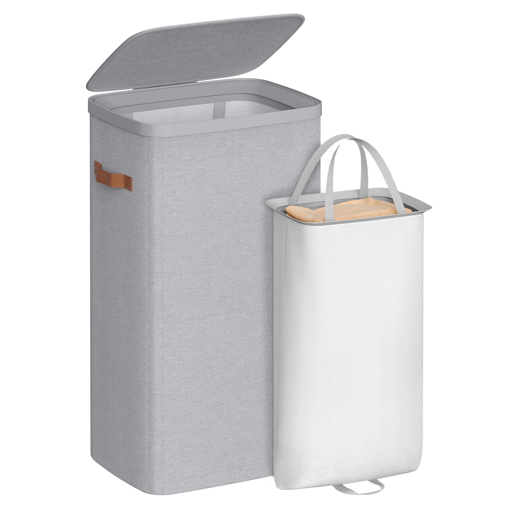SONGMICS Laundry Basket, 100 L Laundry Hamper, with Lid and Handles, Removable Liner, Easy Assembly, 42 x 32 x 75 cm, Dove Grey LCB811GD01