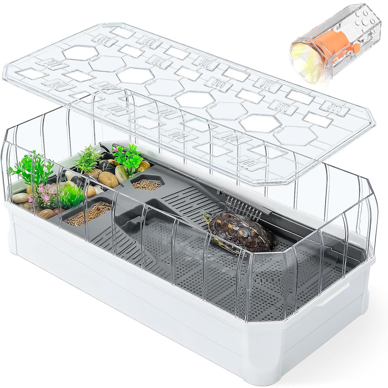 Tanque De Tortuga Extra Grande, Acuario De Tanque De Tortuga con Cubierta De Sol, Valla Transparente Extraíble, 5 Áreas para Disfrutar, Alimentar, Reproducción, Hibernación, Natación