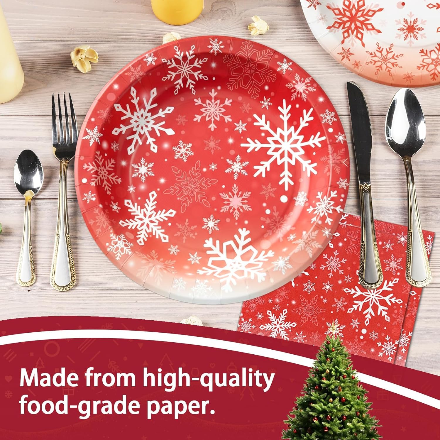 OuMuaMua 150Pcs Christmas Paper Plates and Napkins Disposable Dinnerware Set, Red White Snowflake Dinnerware Set Party Supplies for Christmas Winter Wonderland Holiday Wedding Baby Shower, Serve 50