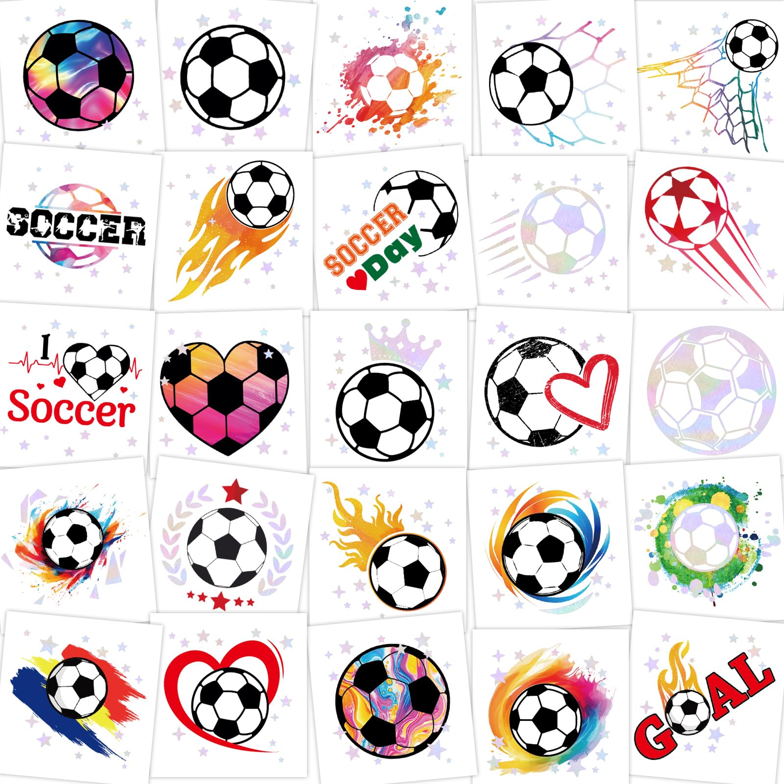 100PCS Soccer Tattoos Waterproof Holographic Metallic Ball Stickers Sports Soccer Team Gifts for Kids Teens Adults