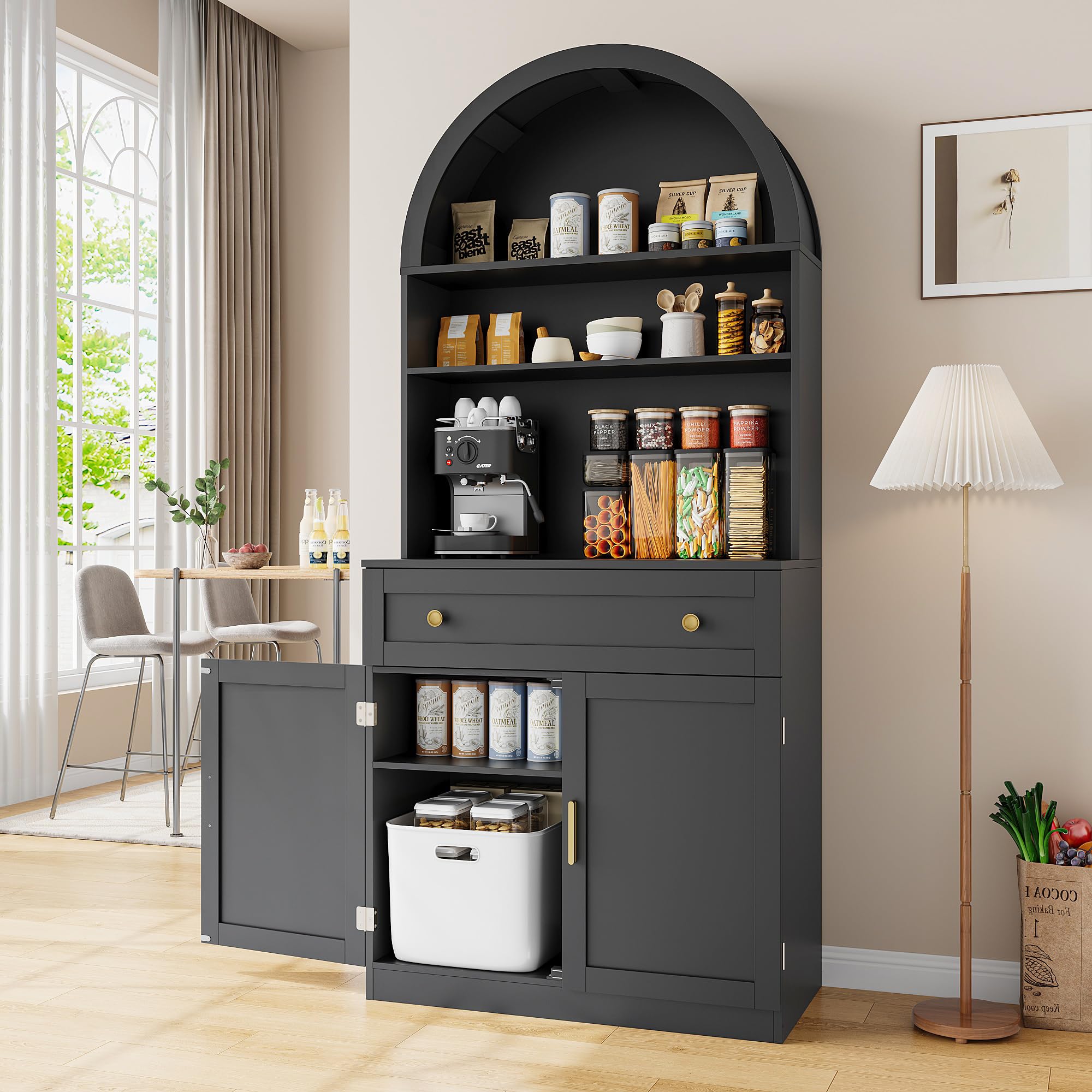 71" Tall Arched Kitchen Pantry Cabinet, Modern Kitchen Storage Cabinets with Hidden Drawer and Spacious Countertop, Wooden Storage Pantry Cabinet for Living Room, Dining Room, Black