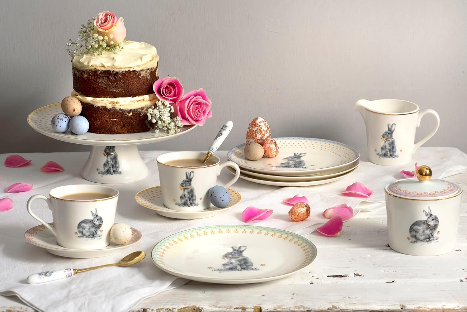 Spode Meadow Lane Cereal Bowls - Set of 4, Bunny Illustration with Gold Accent, Easter & Spring Table Decor - 6 Inch Assorted Pastel Porcelain Bowls, Giftable Collectible Dishware for Snacks & Dessert