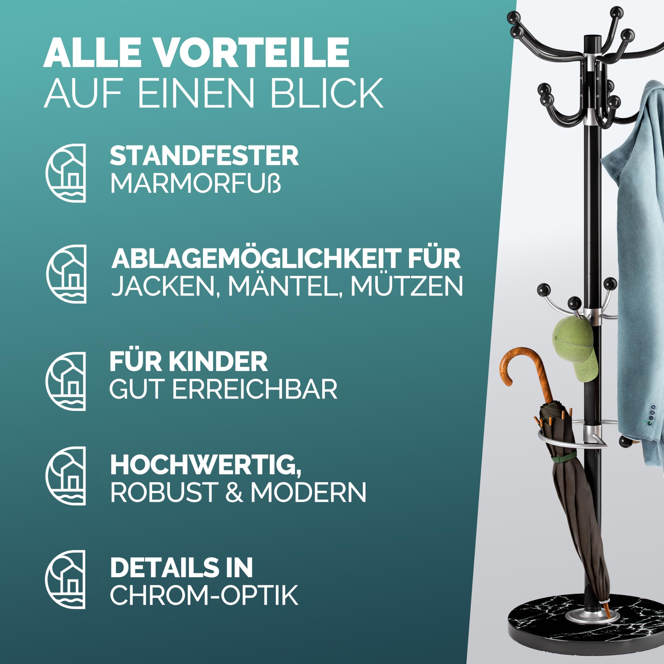Casaria® Kleiderständer Marmorsockel Metall 14 Haken 360° Drehbar Stabil 37x37x175 cm Flur Büro Garderobenständer Kleiderstange Jackenständer Schwarz