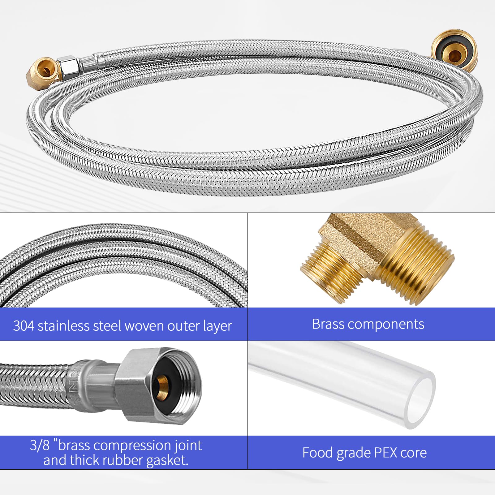 Kit de instalación de lavavajillas de 6 pies, conectores trenzados de acero inoxidable para lavavajillas, línea de suministro de compresión de 3/8 pulgadas, conexión de corta distancia