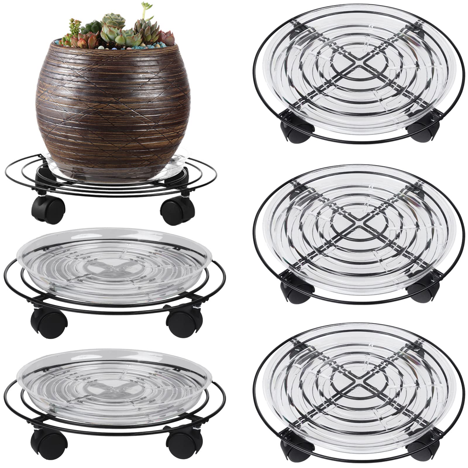 5 Packs Large Metal Plant Caddy 13.8” Plant Dolly with Wheels Heavy-Duty Wrought Iron Rolling Plant Stand with Casters for Indoor and Outdoor Plant Pot Rollers Black, Plastic Saucers Included