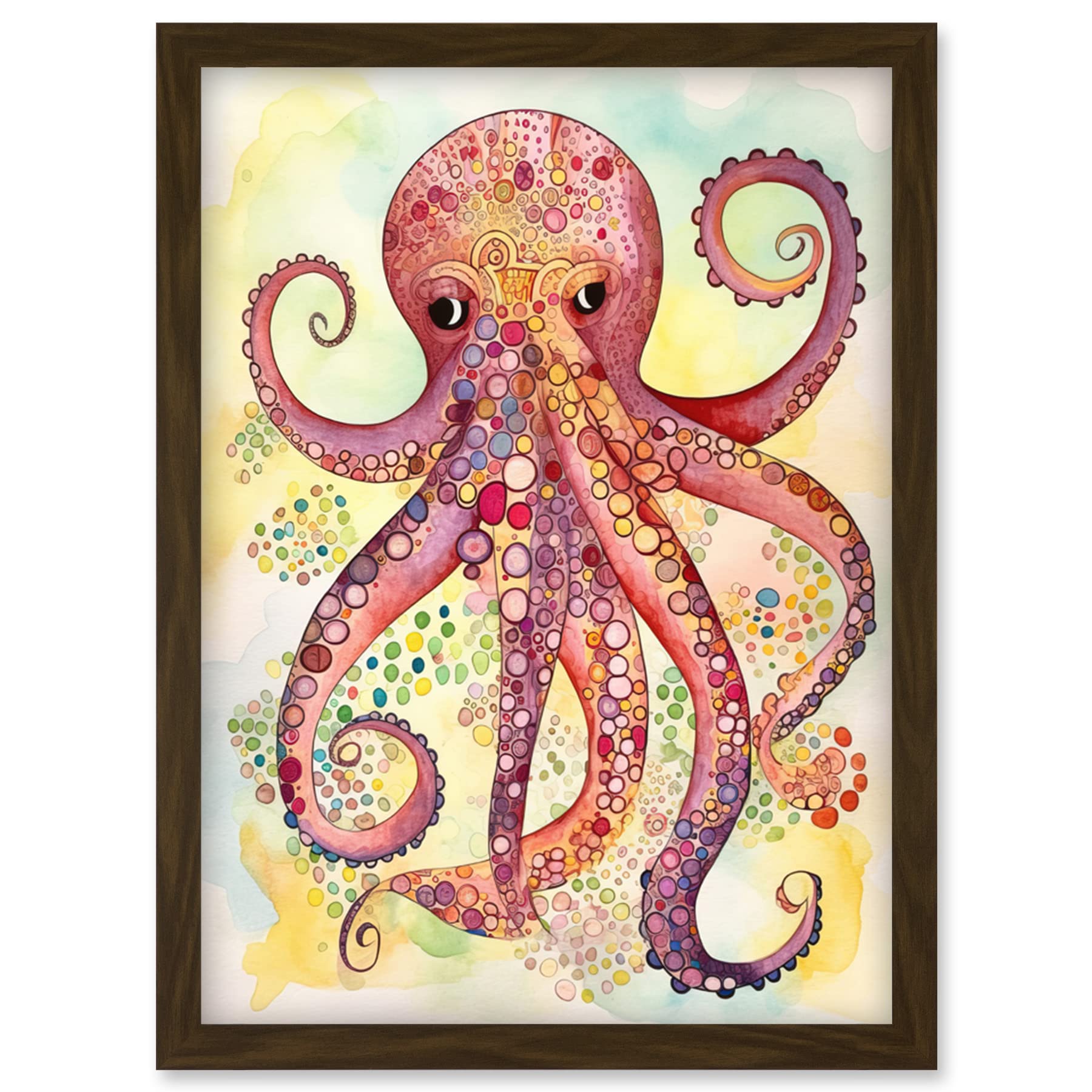 Artery8 Octopus Portrait Bright Folk Art Watercolour Painting Artwork Framed Wall Art Print A4