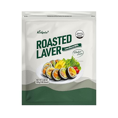 Kelpie - Hojas de algas tostadas prémium 100 hojas matrimoniales Premium para kimbab coreano, ideal para rollos y envolturas asiáticas, sal ligera