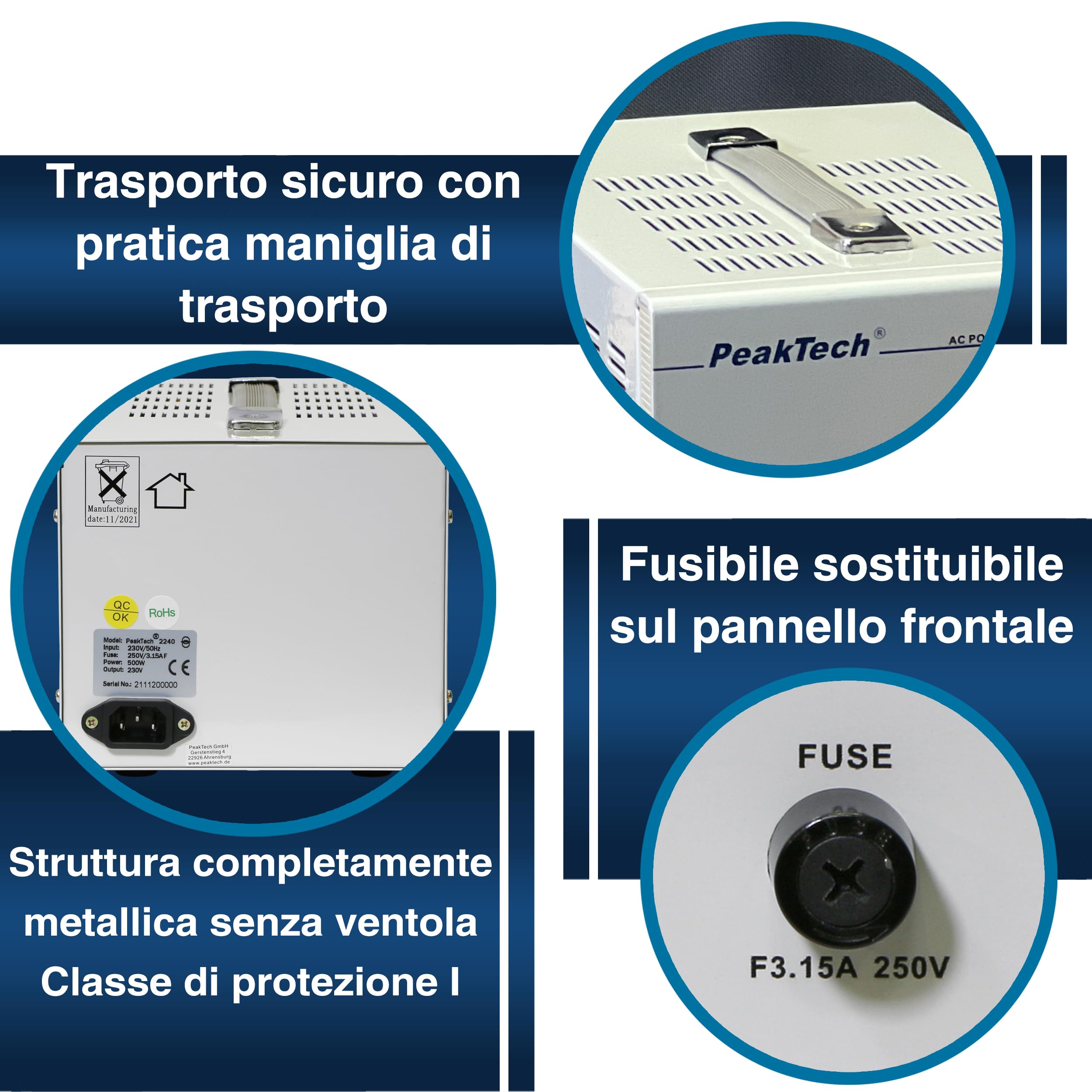 Peaktech 2240 - Trasformatore di Isolamento, Dispositivo di Misurazione, Nucleo Toroidale, Isolamento Galvanico, Classe di Protezione 1-160 x 125 x 235 mm