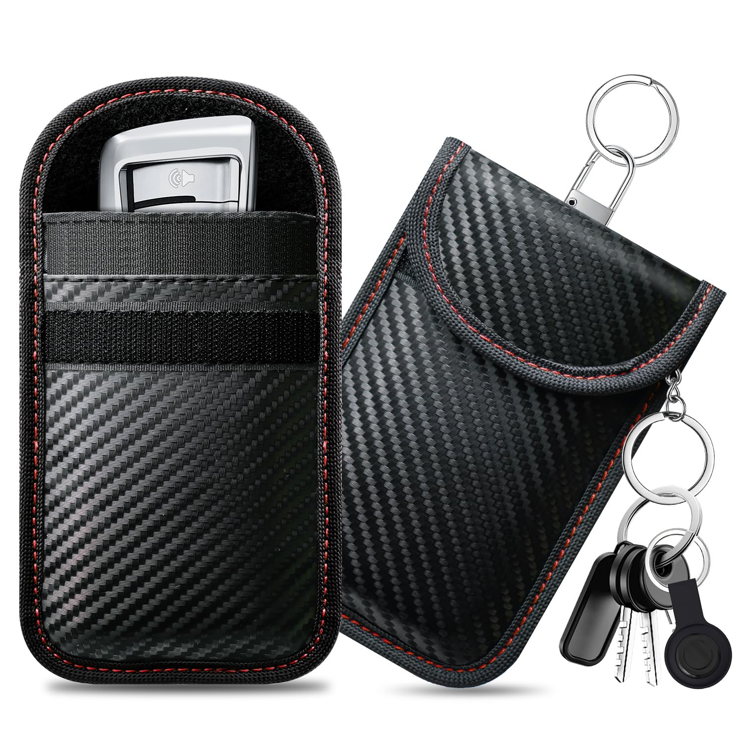 caslord Keyless Go Schutz Autoschlüssel, 2 Stück Mittel Faraday Taschen Kohlefaser Leder, Keyless Go Schutzhülle RFID Blocker Schlüsseletui- Rot+Rot