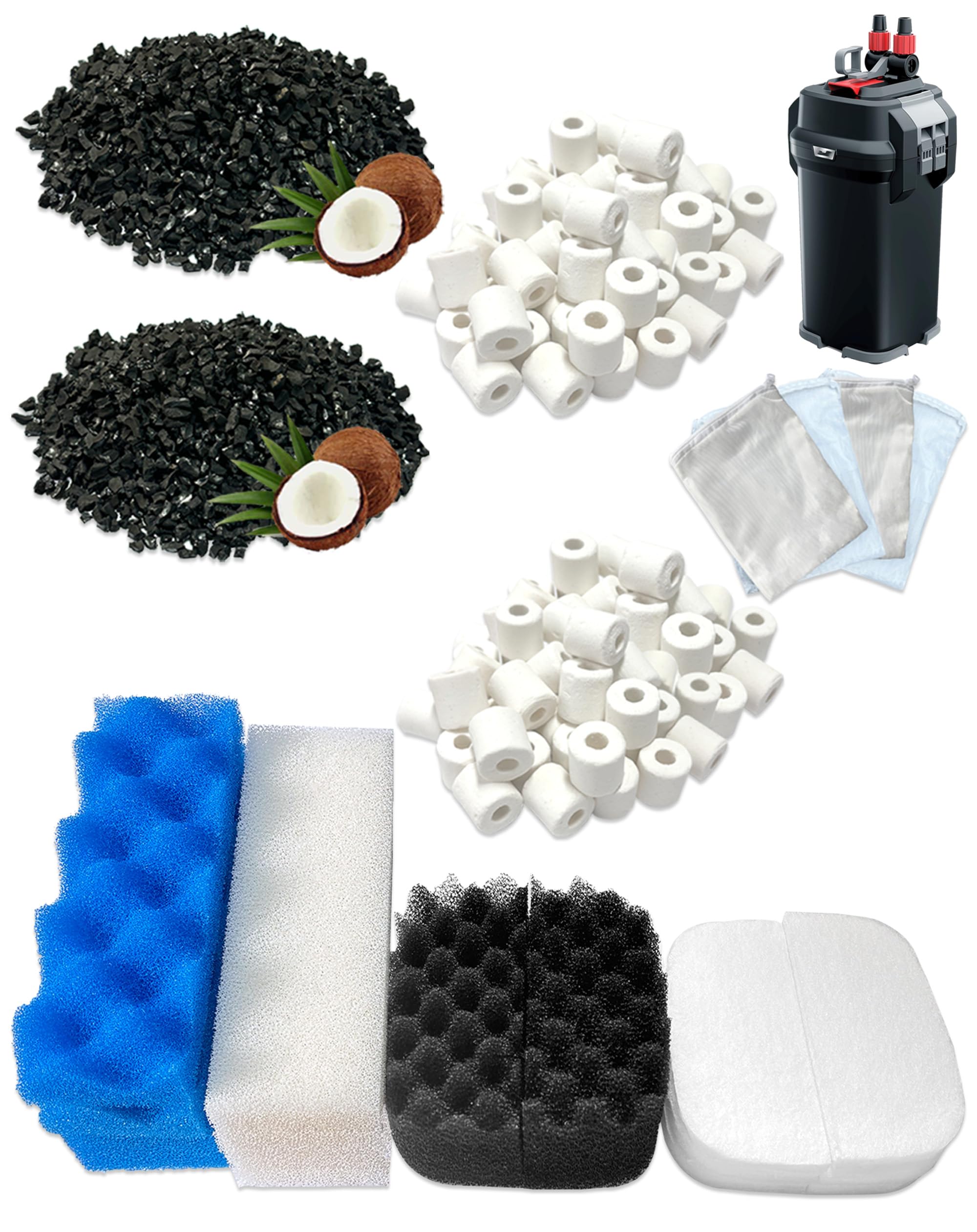 Juego de 24 filtros de acuario compatibles con filtros Fluval 206/207, filtro de espuma orgánica de repuesto, carbón activado y anillos de cerámica (juego de 2 para el cuidado regular)