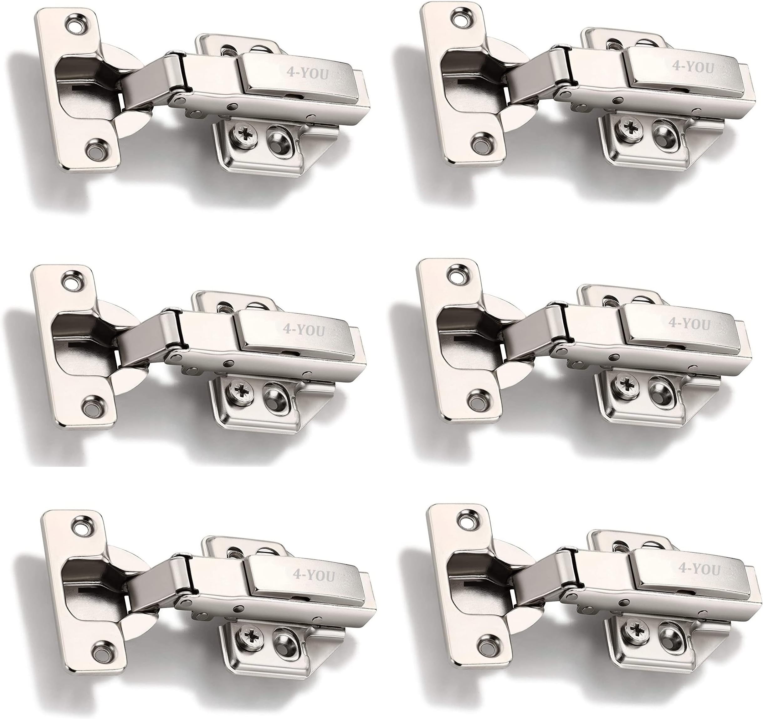 4-YOU Stainless Steel Pilot Soft Close 3D Hydraullic Clip On Concealed Hinges for Full Overlay Door Pack of 3 Pair (0 Degree Crank,Silver)