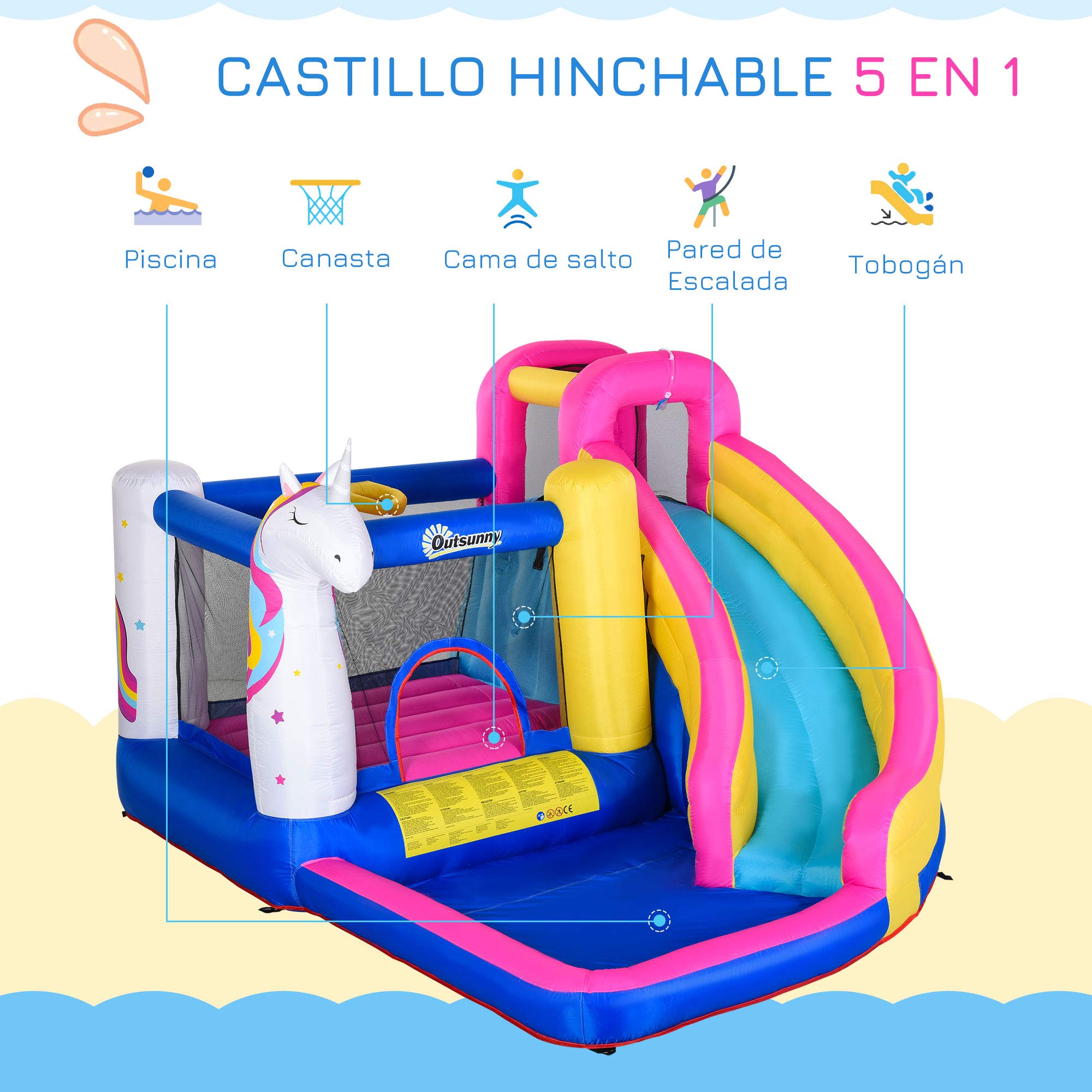 Outsunny Castillo Hinchable para Niños Castillo Inflable Infantil en Forma de Unicornio Parque Acuático con Tobogán Piscina Cama de Salto Inflador y Bolsa de Transporte 360x305x210 cm para 3-8 Años