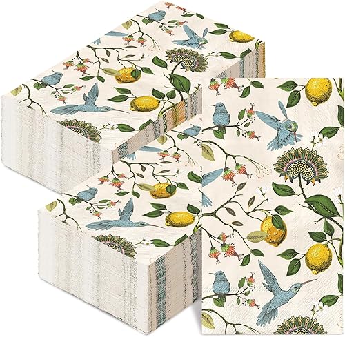 AnyDesign - 80 servilletas de papel desechables con diseño de pájaro azul retro, diseño de árbol de limón, servilletas de papel decorativas de