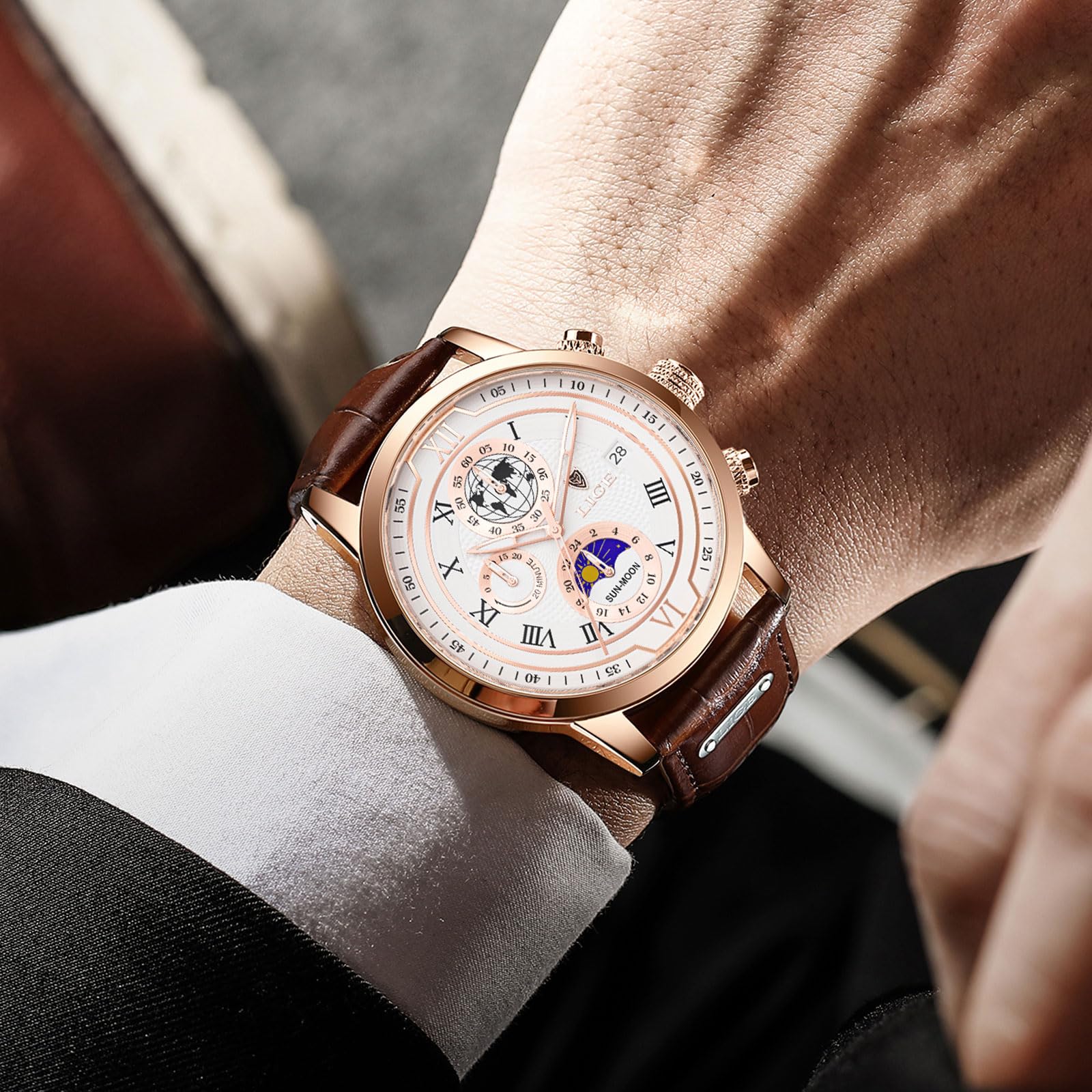 LIGE Orologio Da Uomo Cronografo Al Quarzo Con Data Fasi Lunari Design Nero Cinturino In Pelle Orologio Impermeabile Quotidiano