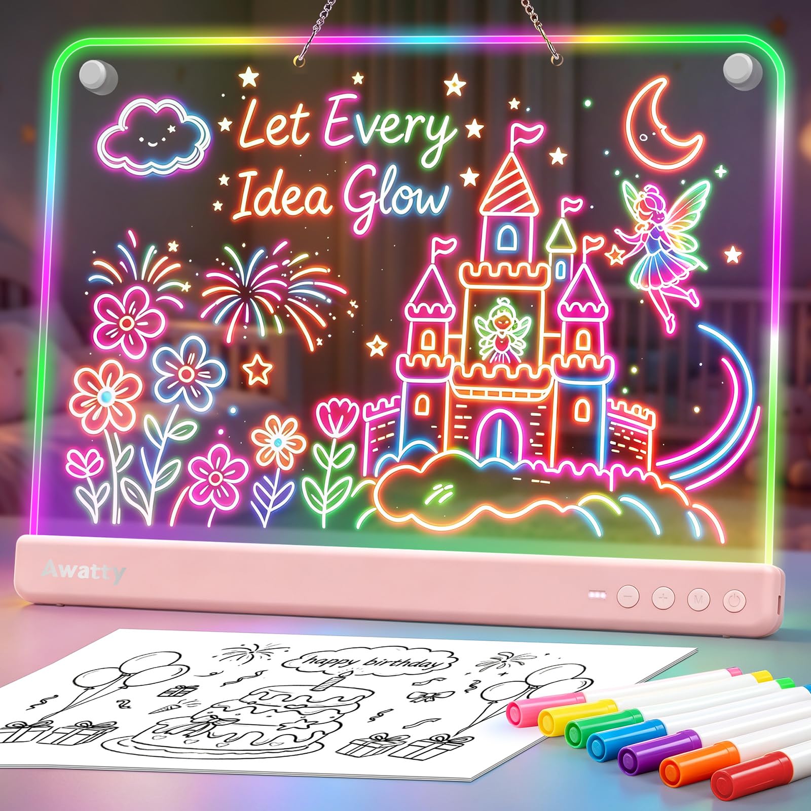 LED Drawing Board for Kids, Awatty Rechargeable LED Note Board 16-Inch Neon Glow Art Pad Message Memo Note Board with Stand 10 Light Modes Light Up Toys Gift for Kids/Girls/Teens