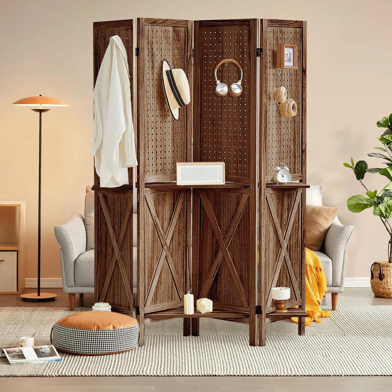 Pegboard Privacy Screen ALeesing 6 Panel Room Divider - 5.6ft Wood ...