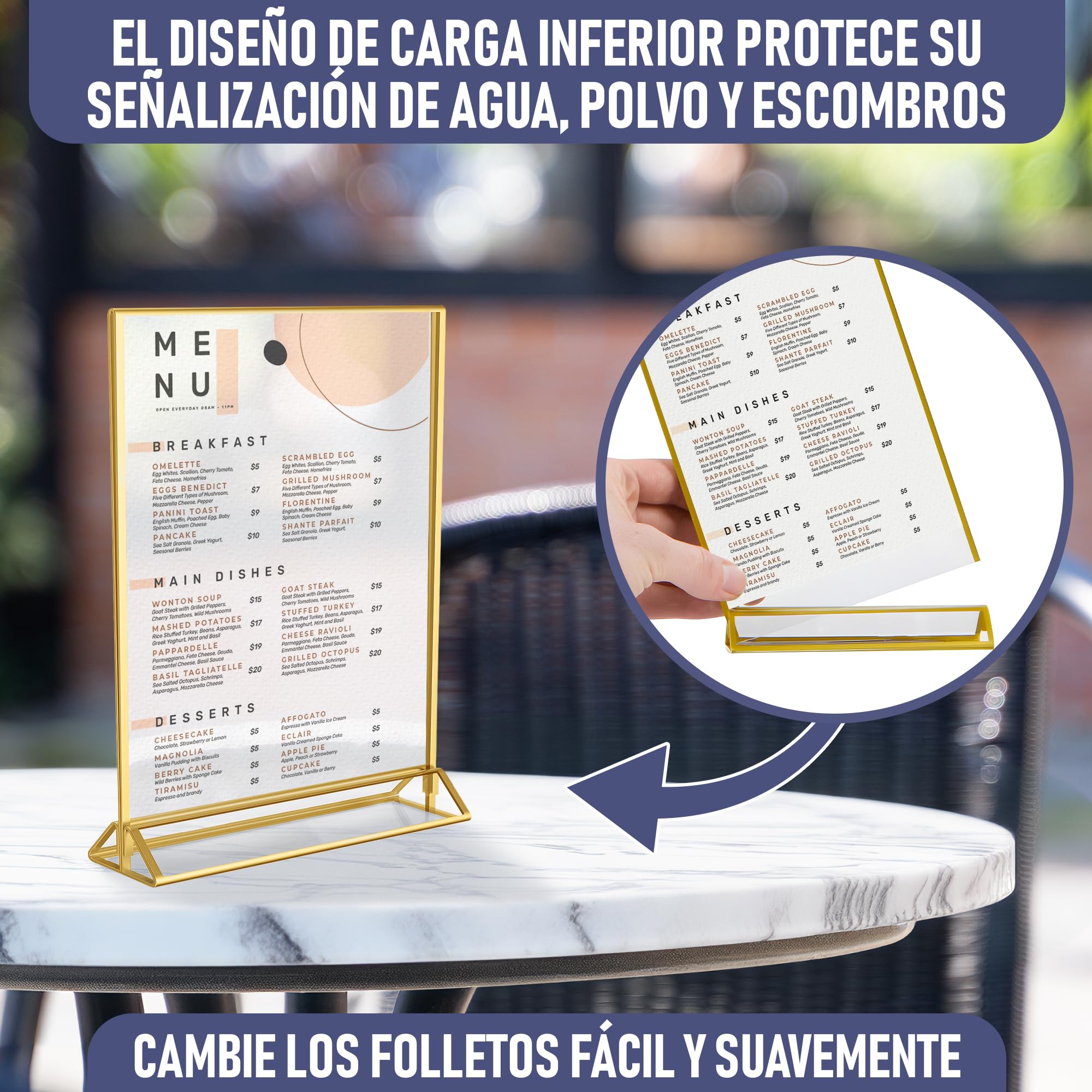 Marcos dorados de doble cara – 6 unidades – soportes de números de mesa de acrílico dorado, soportes de mesa de caballete transparente para letreros, soporte de menú, marco de fotos (A5)