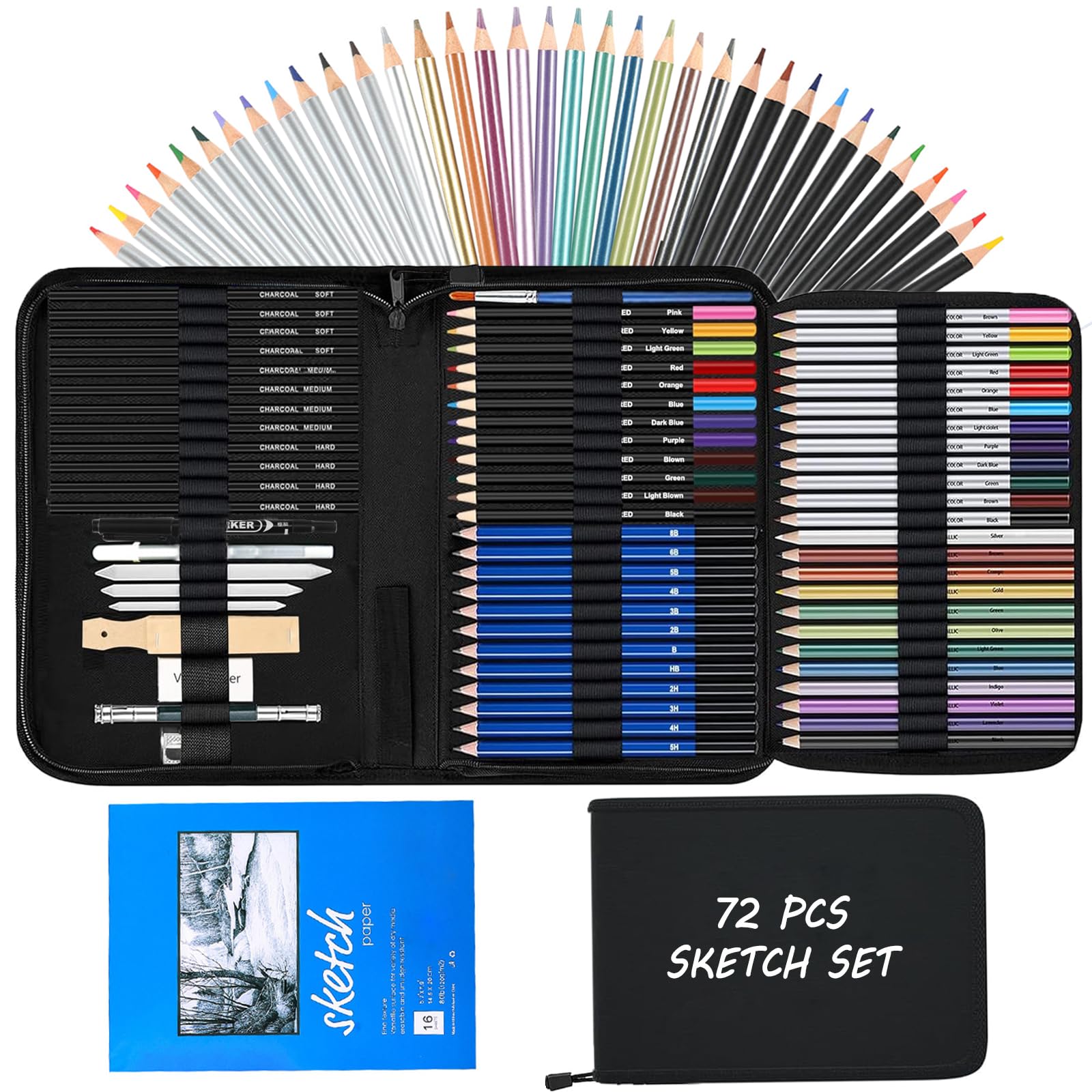 72Pcs Drawing Sketching Kit Set, Pro Art Supplies with Sketchbook, Watercolor, Graphite, Colored, Metallic, Charcoal Pencil, Drawing Set in Zipper Carry Case for Adults Teens Beginner