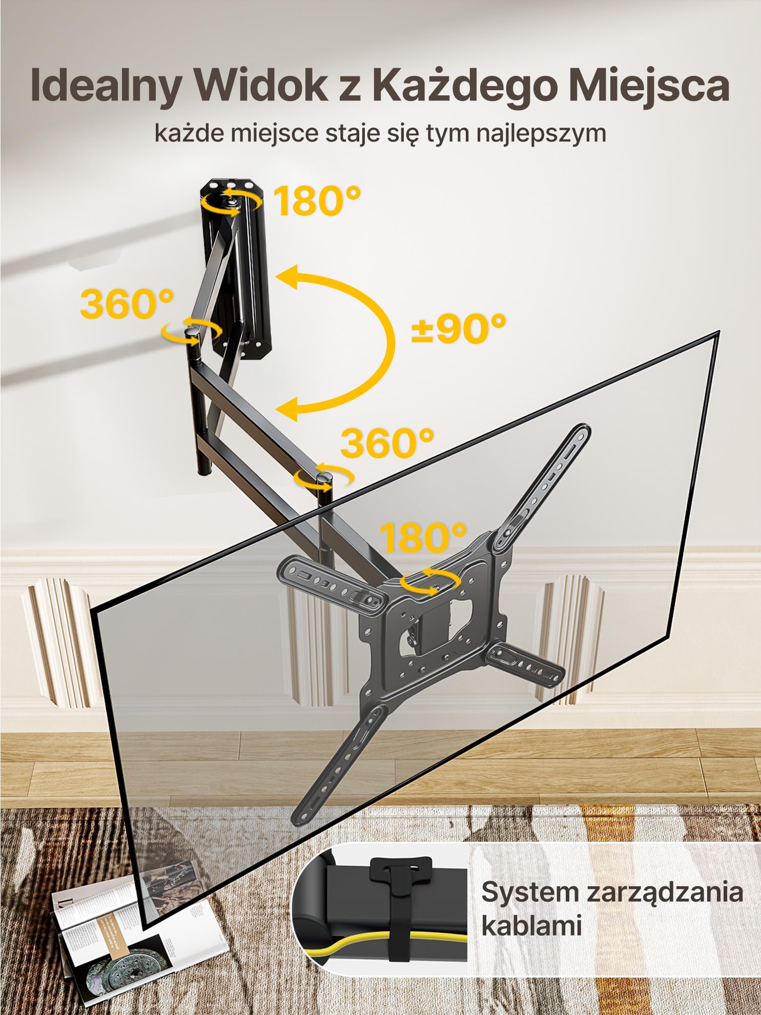 monTEK Uchwyt ścienny do telewizora z długim rękawem do większości telewizorów 23-65", wysuwany uchwyt 37-calowy, wychylny i pochylony, pasuje do maks. VESA 400 x 400 mm, do 35 kg