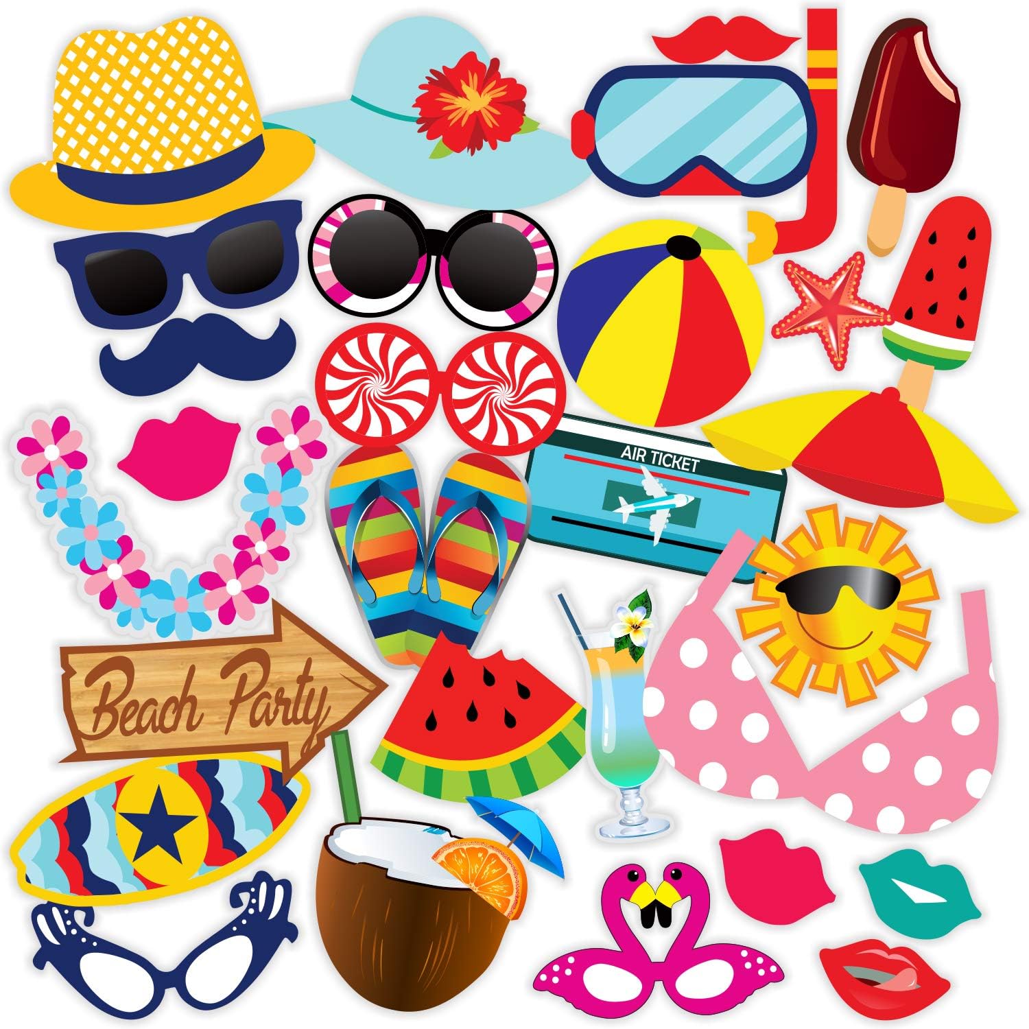 Beach Party Photo Booth Props Craft Item, Multi Color (Set of 29) by Indian Collectible