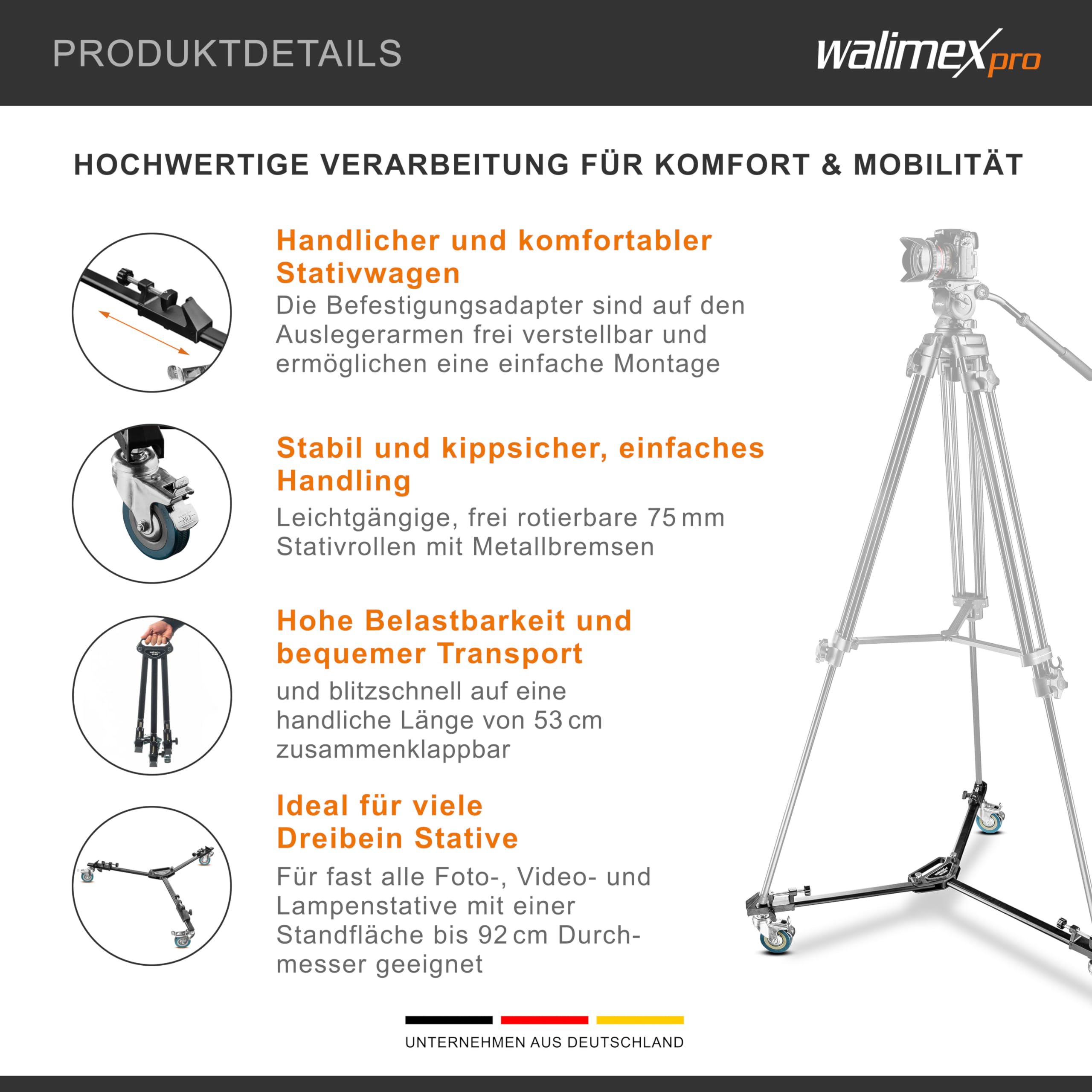 Walimex pro WT-600 Stativwagen für Dreibein- und Lampenstative, Transport Wagen Aluminium bis 10 kg Traglast, Stativ Zubehör für Studiofotografie