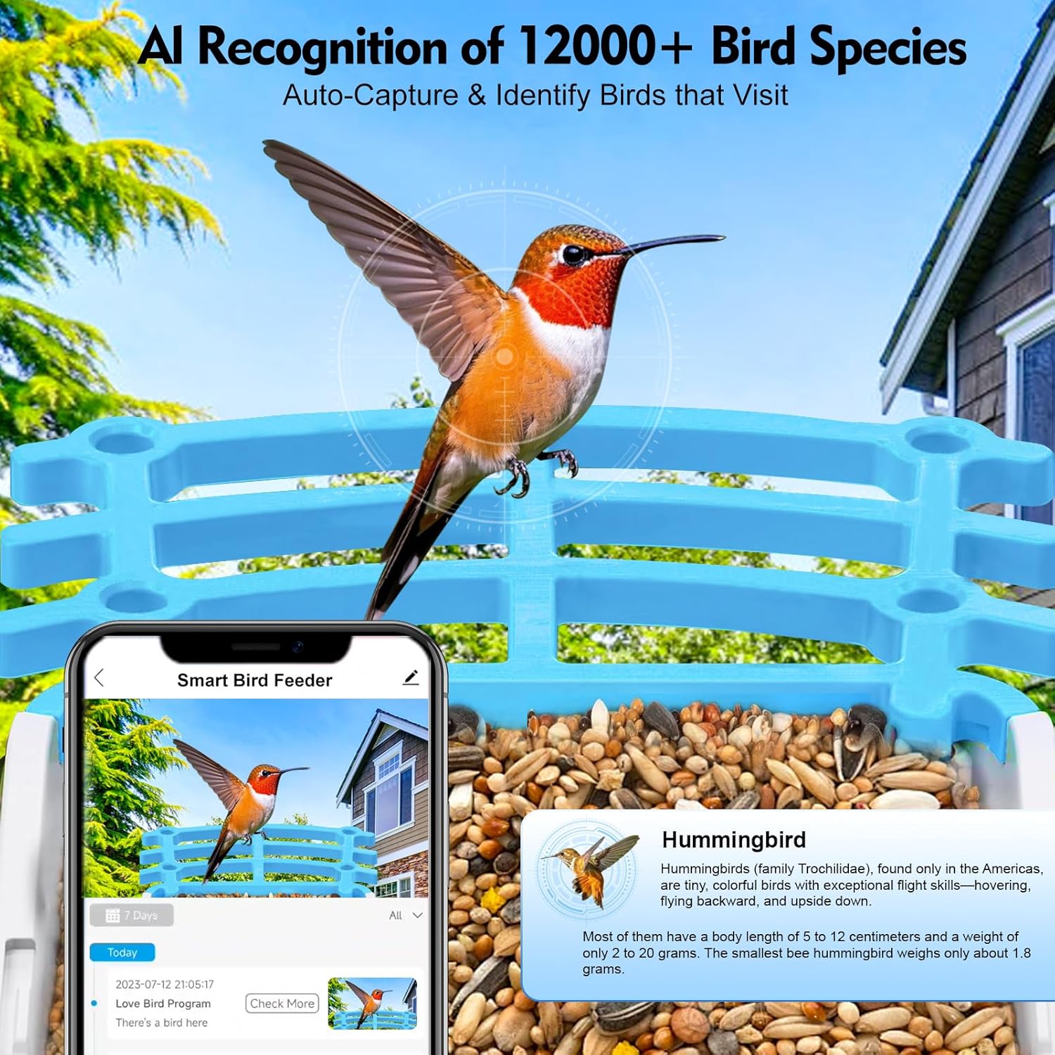 Bird Feeder with Camera Solar Powered: 2L Smart Bird Feeder, 2.5K Live Cam, AI Identification, Free 32GB Card, Waterproof Auto Video Capture for Outdoor Backyard – Gift for Festivals, Blue - Image 2