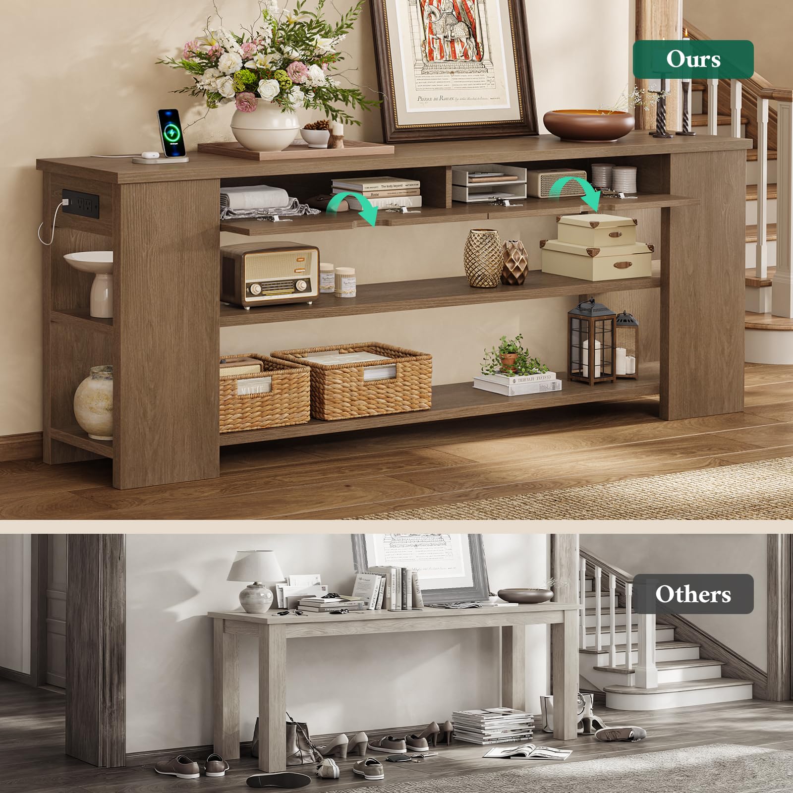 71.8 Inch Extra Long Console Table with Drawers, Farmhouse Long Console Table with Shelves &amp; Built-in Outlets, Entryway Table with Storage for Living Room, Entryway, Hallway, Brown