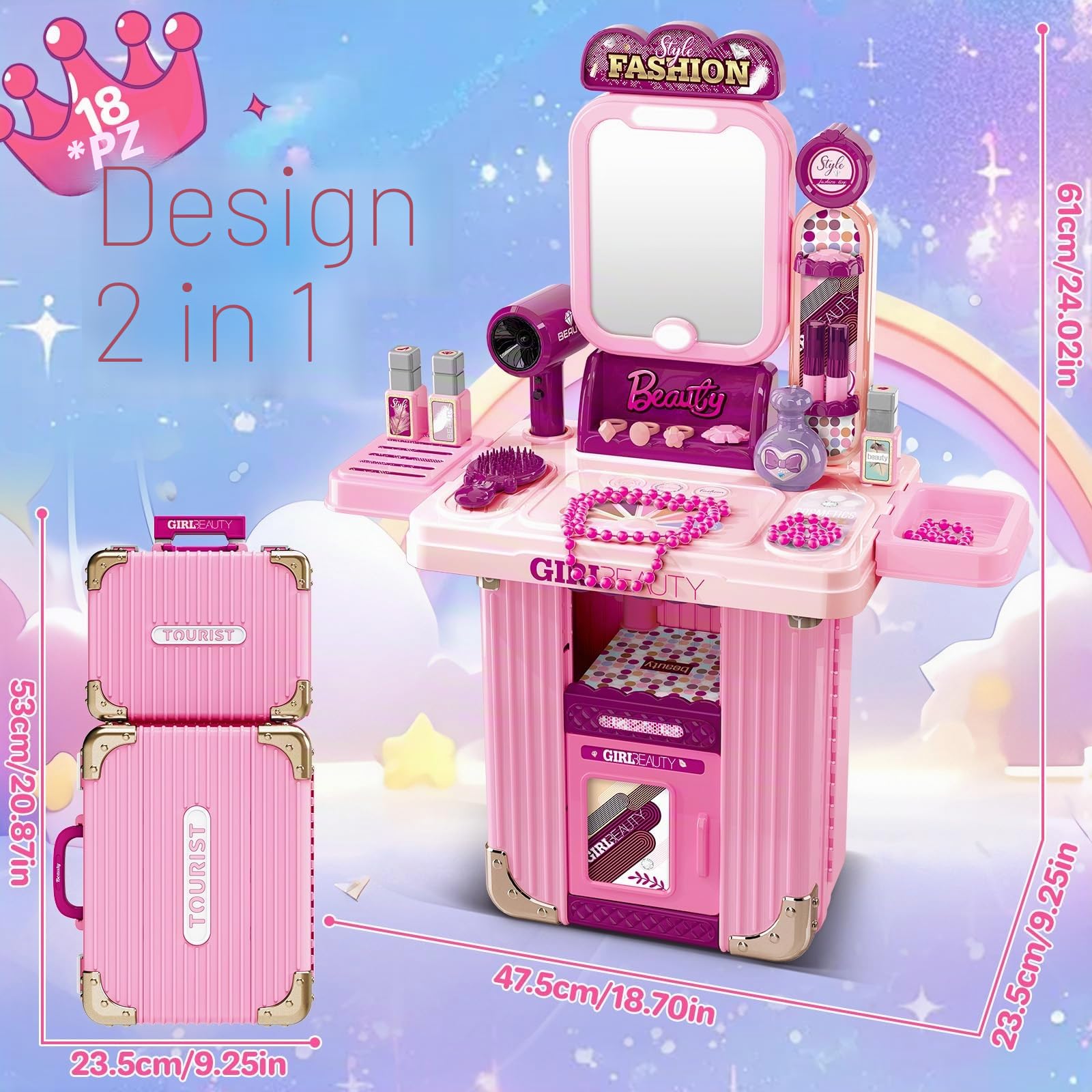 deAO Postazione Trucco Bambina Giocattolo, 2 in 1 Set Parrucchiera Bambina und Valigia con Musica, Luce Salon Bambini Trucco Set per Ragazze Giochi Bambini Da 3 Anni