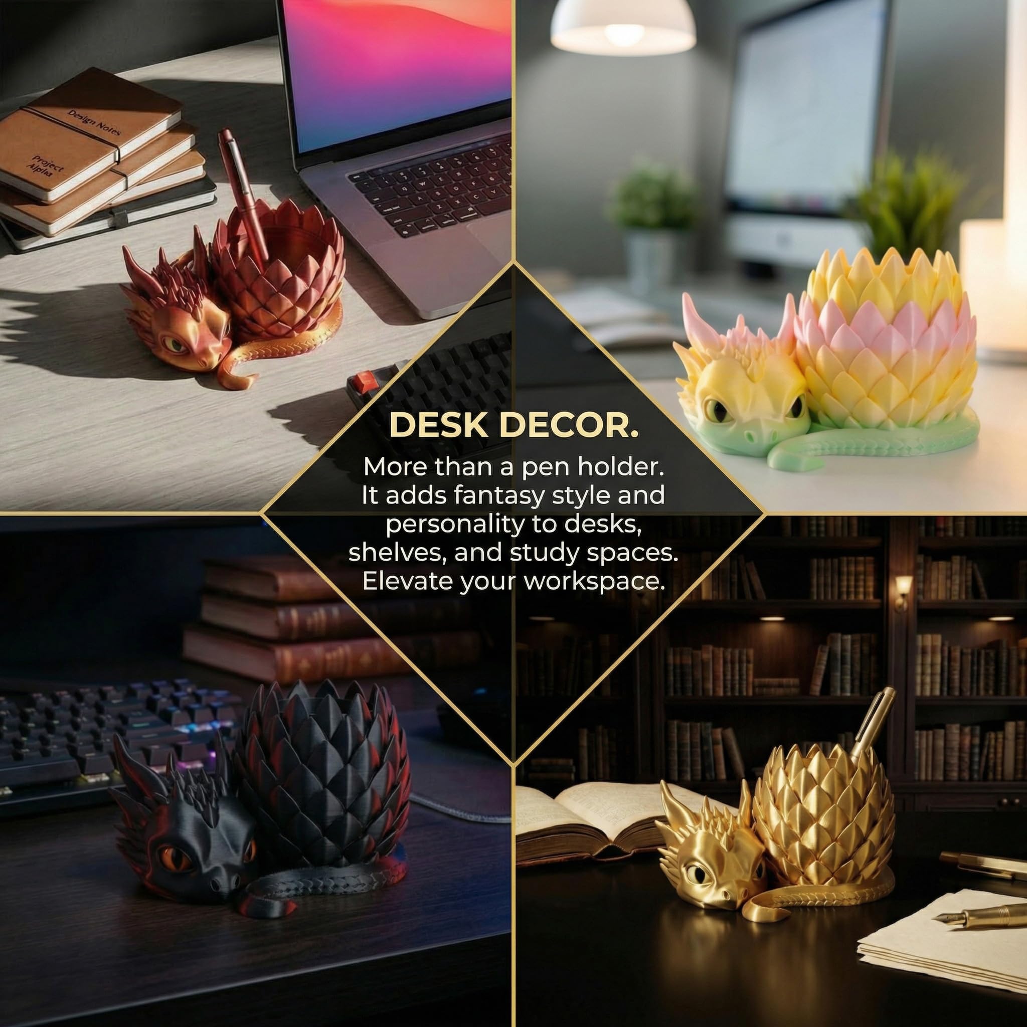 Portapenne da scrivania con stampa 3D a forma di drago rimovibile, grazioso organizer da scrivania per penne, matite, graffette, pennelli da trucco, regalo decorativo da scrivania fantasia