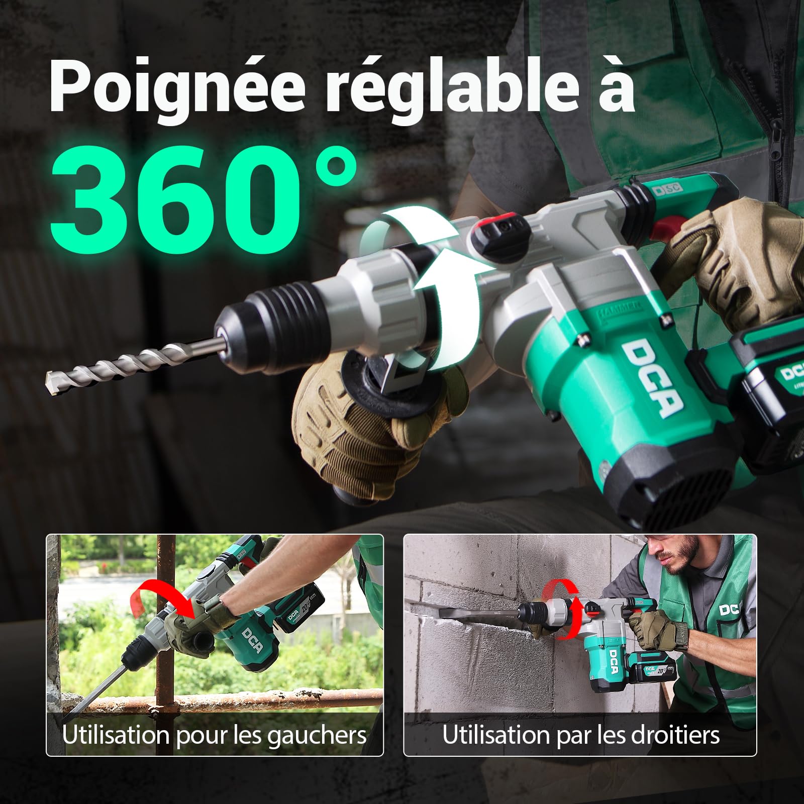 DCA Marteau Perforateur Sans Fil 20V, 4.5 J d'énergie de Frappe et 3800 BPM, 4 Pièces 28mm SDS-Plus, Moteur Sans Balais Marteau Perforateur Haute Performance, Batterie 5.0Ah, Chargeur Rapide 4A