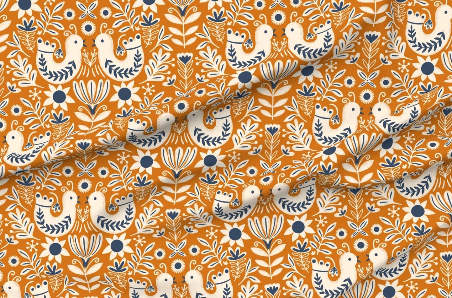 Spoonflower Fabric - Birds Folk Art Scandinavian Nature Holiday Orange Cream Blue Floral Printed on Organic Cotton Sateen Fabric by The Yard - Sewing Quilting Apparel Home Decor