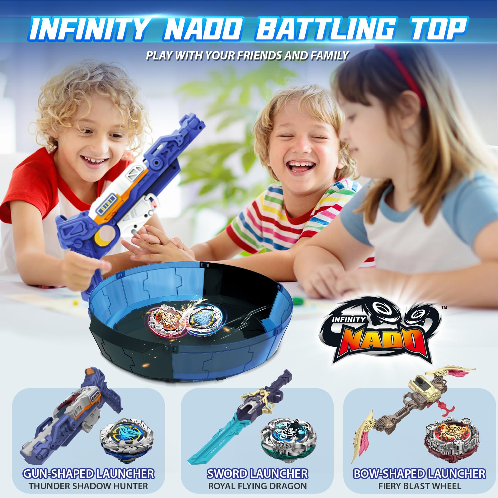 INFINITY NADO S7 Peonza con Lanzador Pistola Aceleración Infinita, peonza metálica Tipo Resistencia Rotación hacia la Izquierda, Juguete para niños y niñas 5+, Thunder Shadow Hunter, Azul