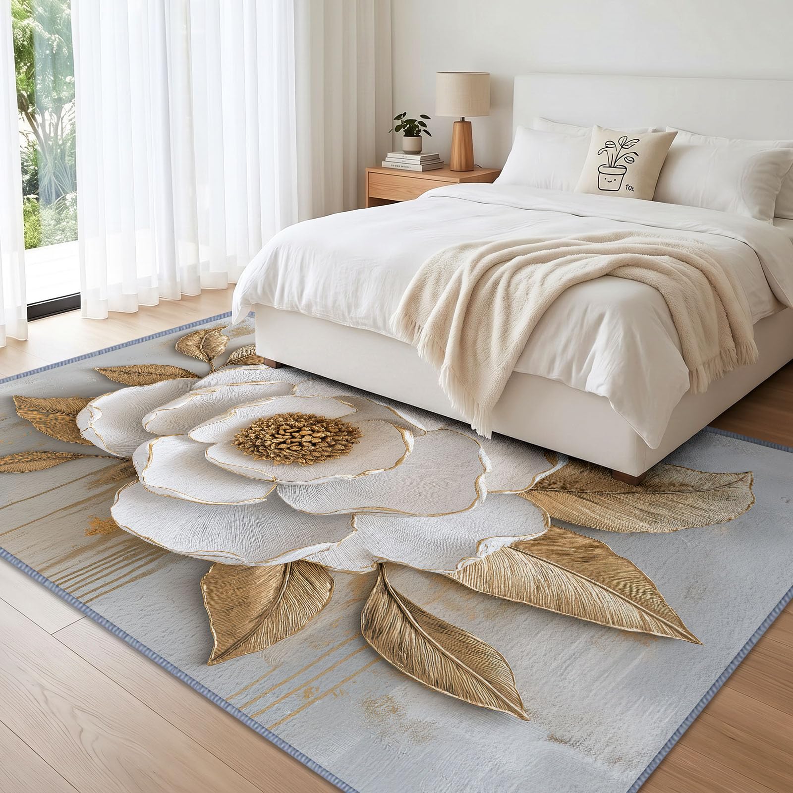 Générique Tapis Antidérapant Floral Relief 3D 80 x 150 cm, Tapis Doux Poil Ras Pivoine Blanche Bordure Métallique Lavable, Convient pour Chambre Salon Salle a Manger Bureau Cuisine Decoration