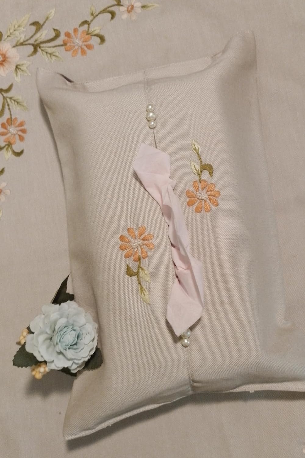 Handmade Embroidered Floral Cloth Tea Cozy, Trolley Mats, Napkins, Tissue Box Cover