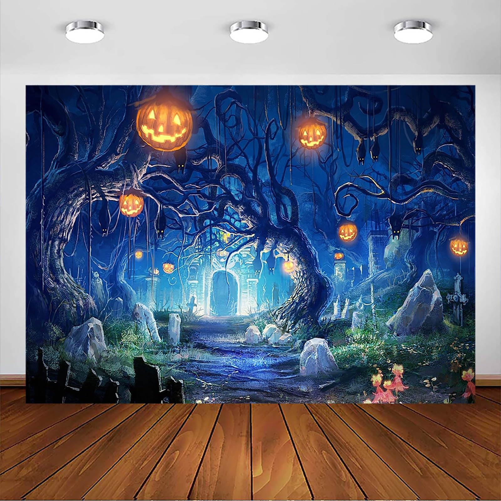 Avezano Tło Happy Halloween Horror noc las dynia latarnia cmentarz tło Wszystkich Świętych, duch fotografia tła (2,4 x 1,8 m)