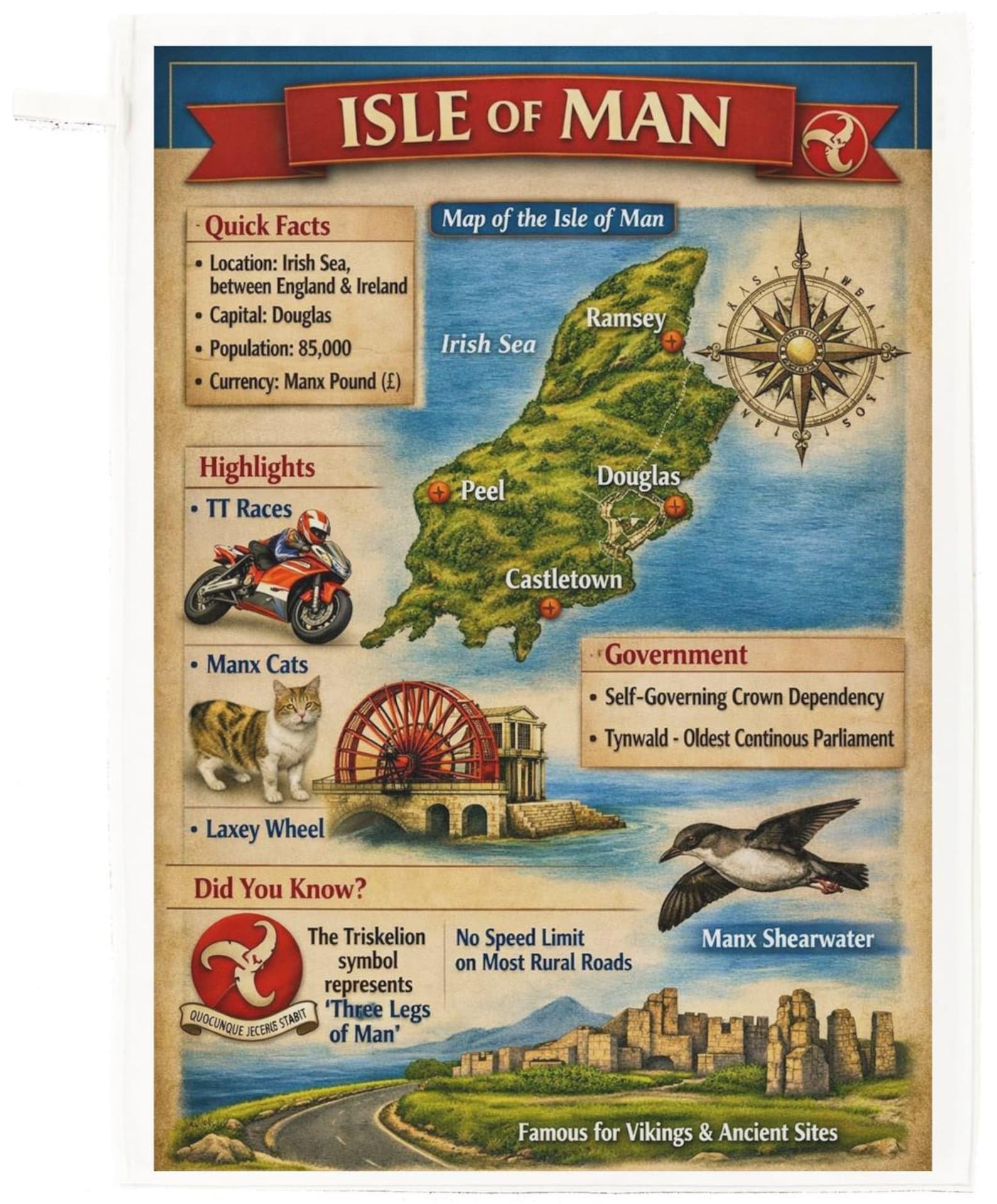 Half A Donkey White Isle Of Man Map Large Cotton Tea Towel – Tt Races, Manx Cats & Laxey Wheel Design