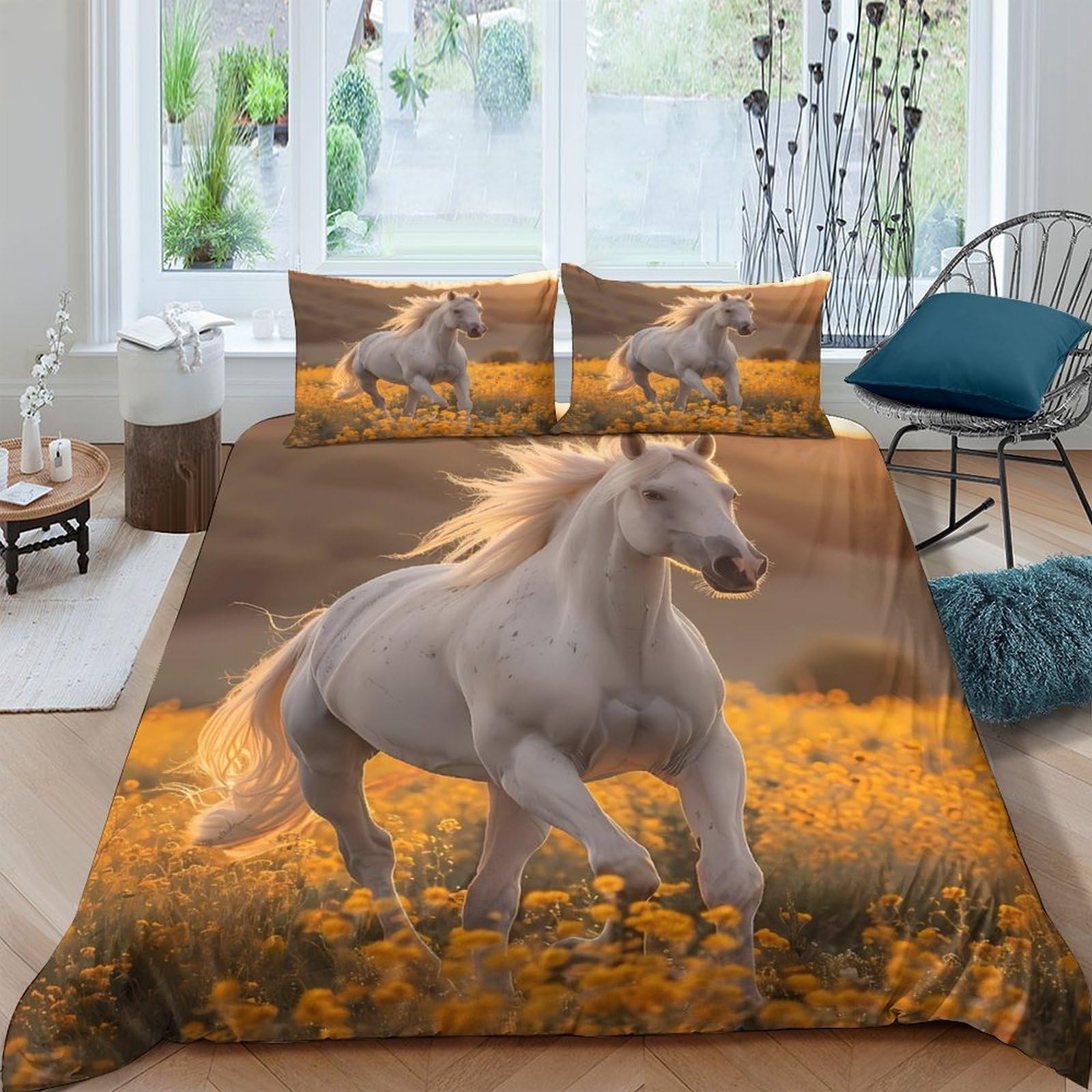 Ctjqhvkz Style-4 3D Printed White Horse Fitted Sheet Microfiber Non Slip Running Horse Bed Cover For Bedroom Guestroom Decor Single（135X200cm）