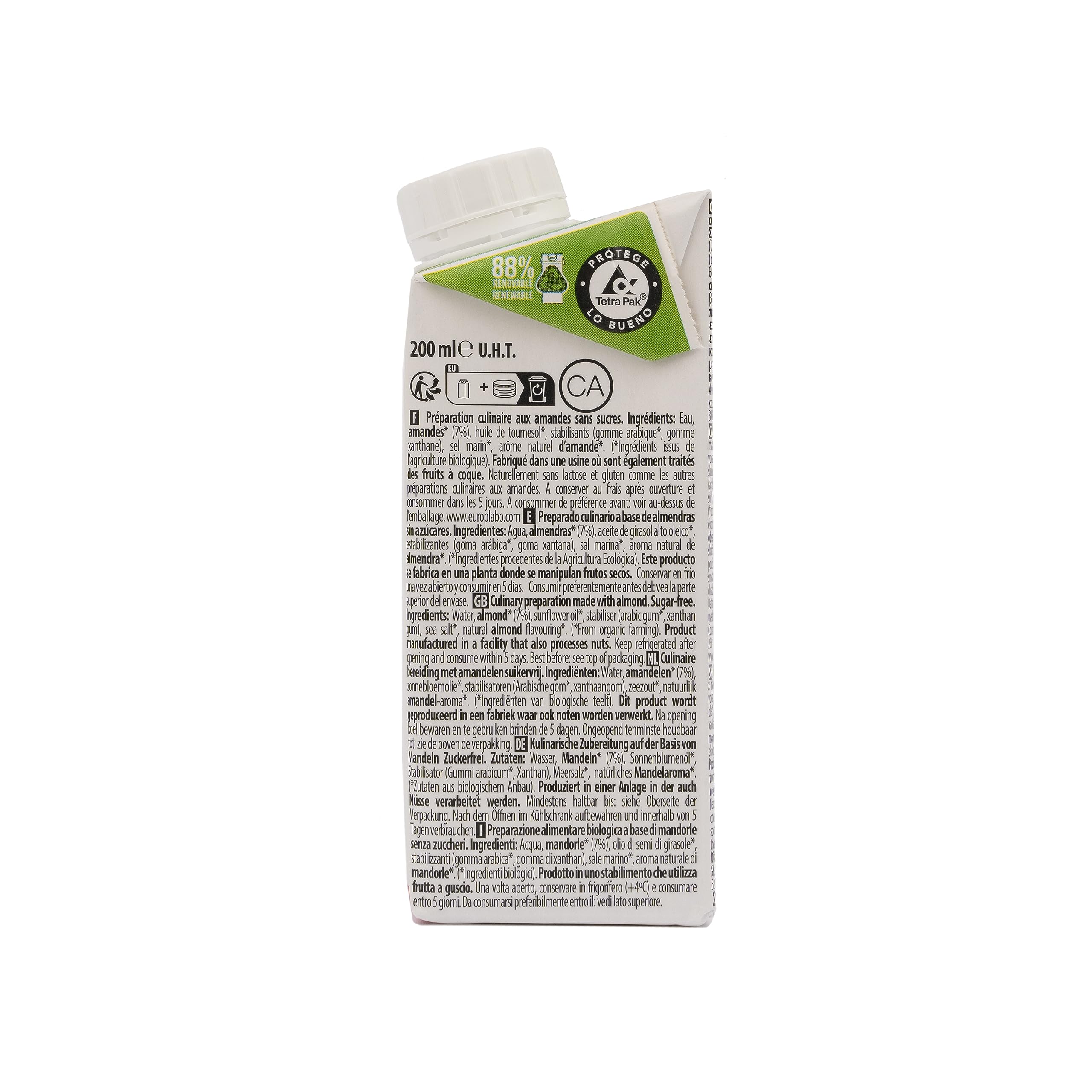 ECOMIL Cousine Almond Nature Crema de Almendras Para Cocinar 12 x 200 ml