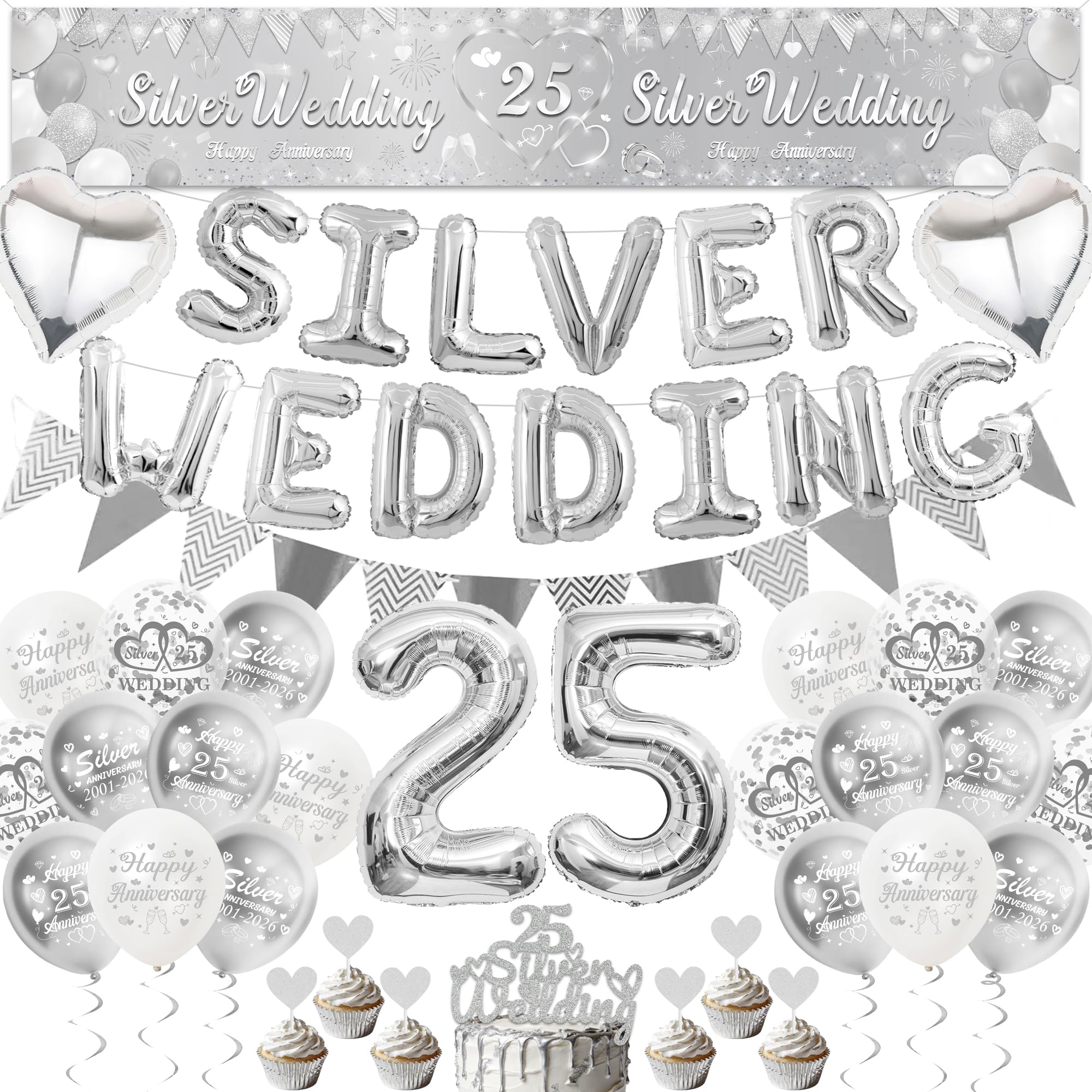 25th Wedding Anniversary Decorations Set - Silver Wedding Yard Banner and Foil Letter Balloons for Happy Anniversary Party, Number 25 Foil Balloons Bunting Cake Topper for 25 Years Decor