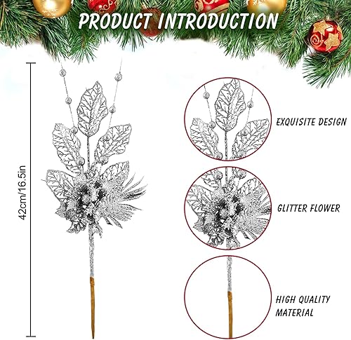 Miniatura 3 de Juego de 6 flores de Pascua artificiales de 17 pulgadas con purpurina, decoraciones para árbol de Navidad, adornos de corona de Año Nuevo, adornos