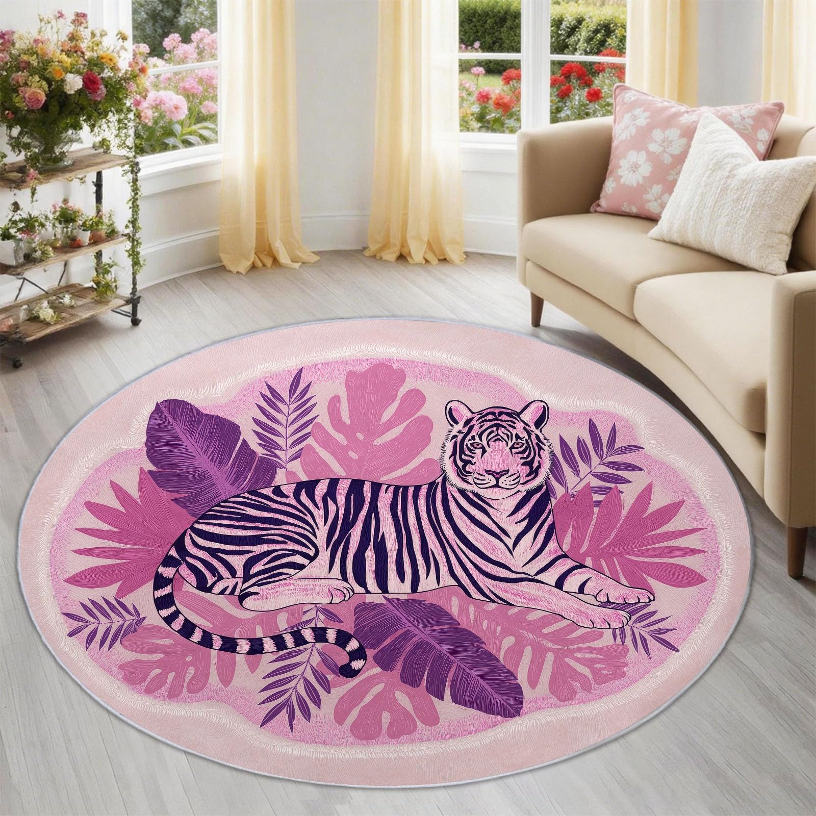 Pink Leaves Tiger Round Rug 160 cm for Entryway, Low-Profile Washable Bohemia Plants Animals Circle Carpet, Non-Slip Thin Floor Mat for Entrance