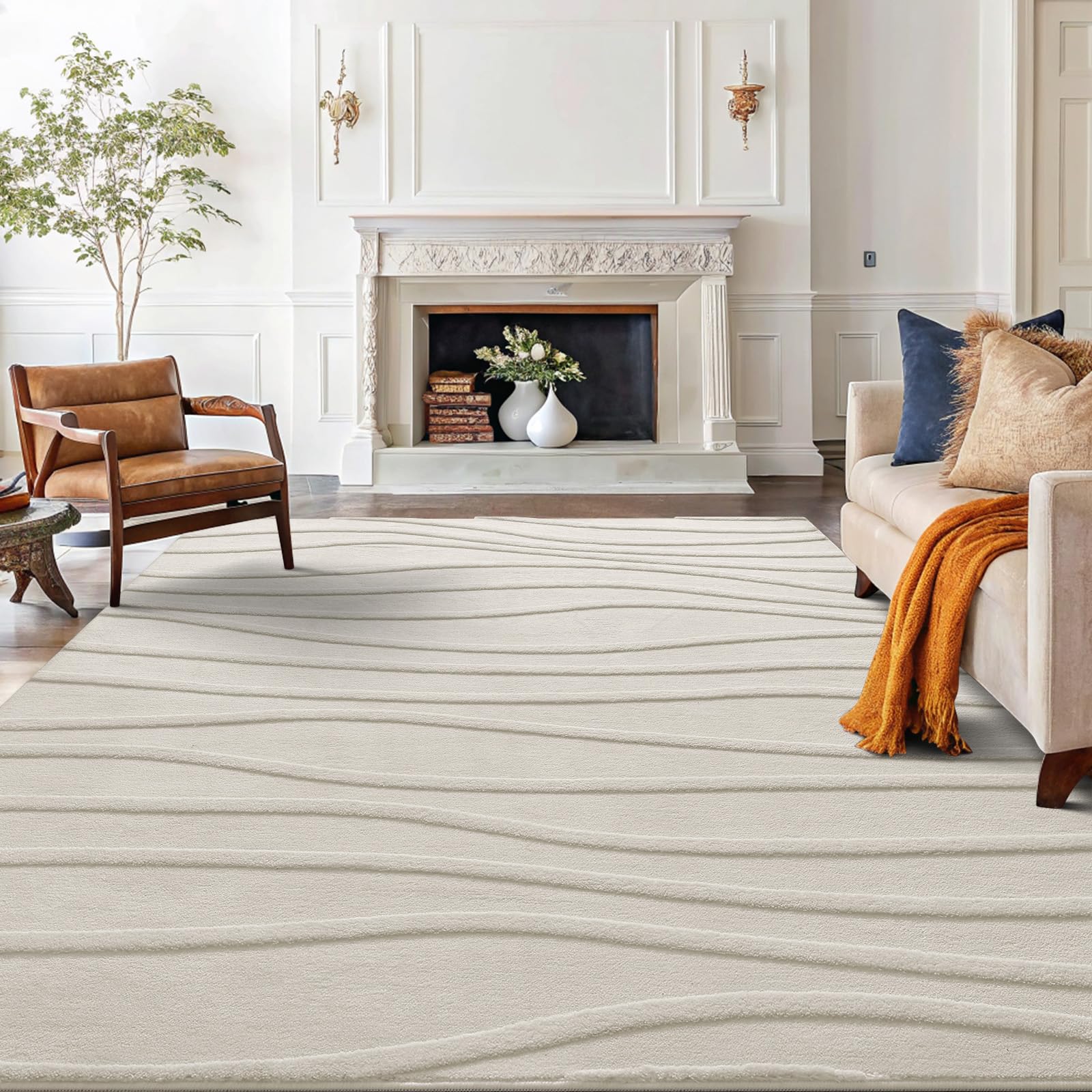 Homaxy Teppich Wohnzimmer 160 x 220 cm, Creme Beige | Rutschfest und Waschbar, Weicher Plüsch mit Wellenmuster, Kurzflor, für Schlafzimmer, Kinder- und Haustierfreundlich