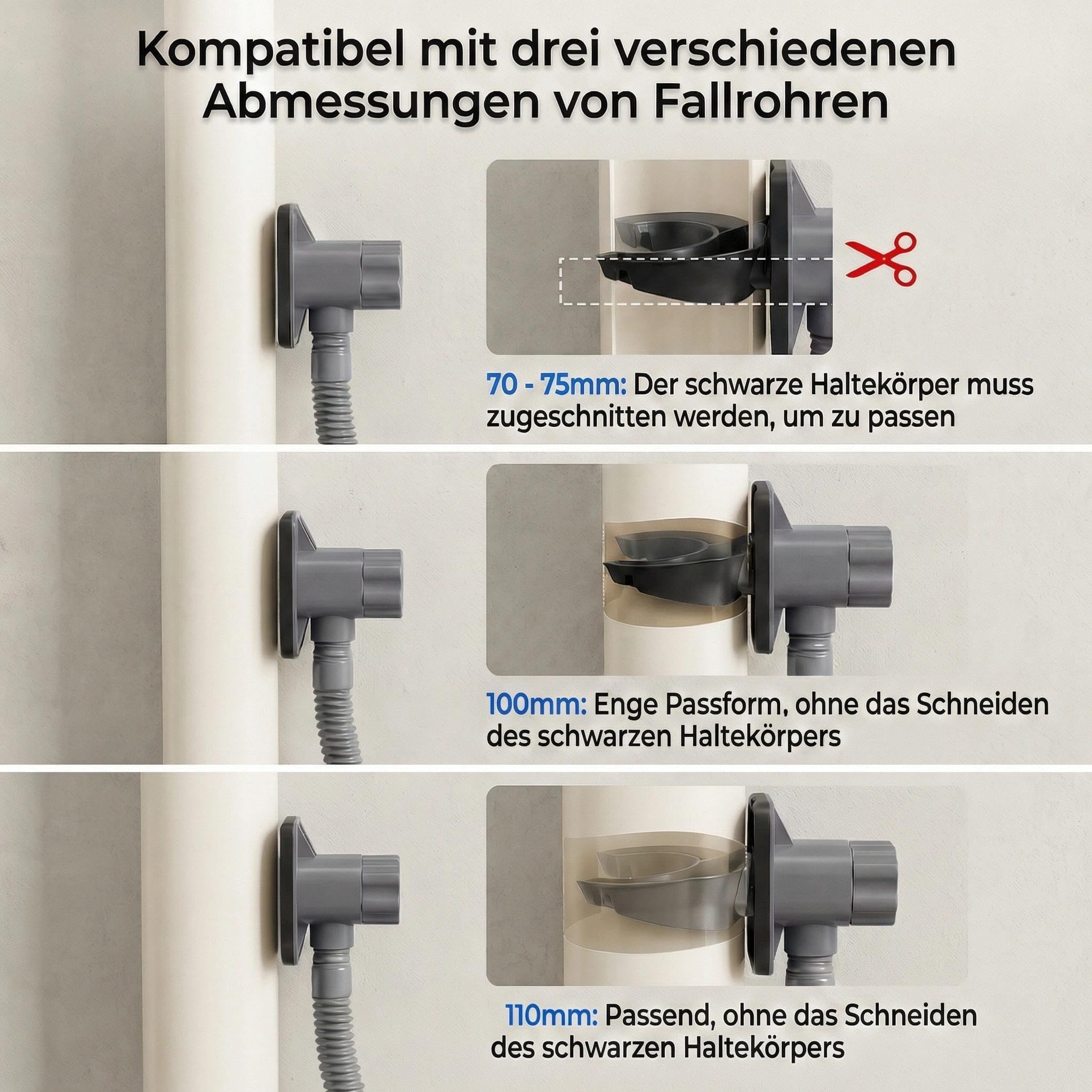 Regensammler für Fallrohre 70-110mm, Regenwassersammler mit Montagezubehör und 100cm Schlauch, Regentonnen Anschluss Fallrohr, Fallrohr Regenwassersammler Set für Dachflächen bis 80 m²
